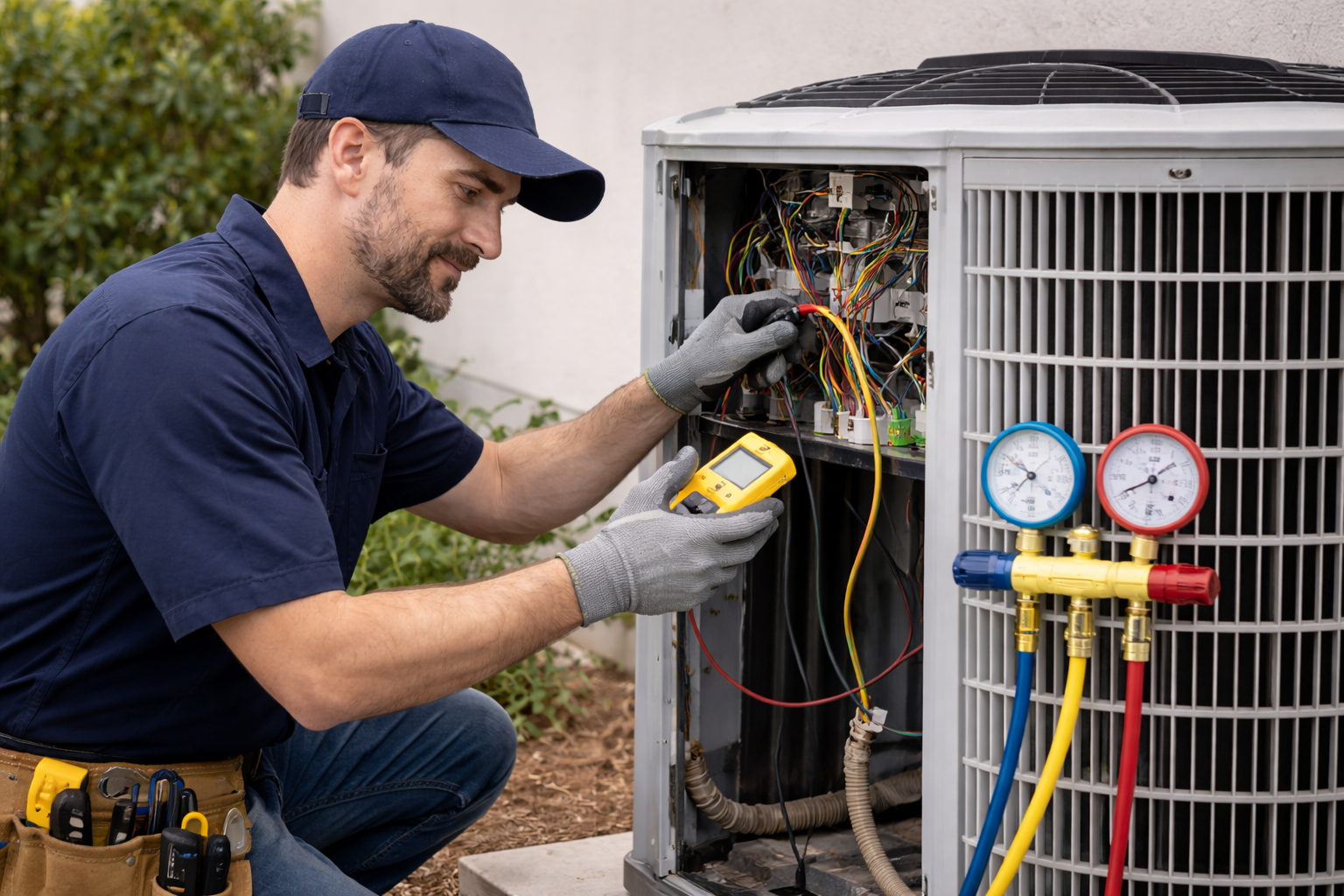 HVAC maintenance in a rental property with technician servicing heating and cooling system
