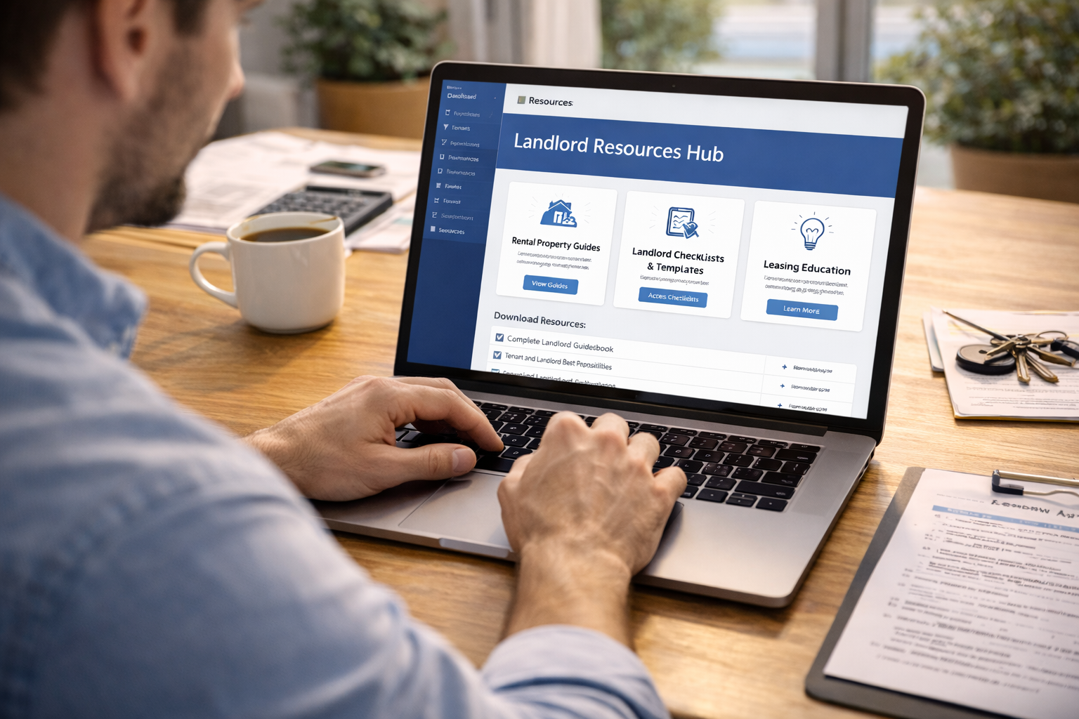 Landlord reviewing rental property systems leasing legal and financial resources