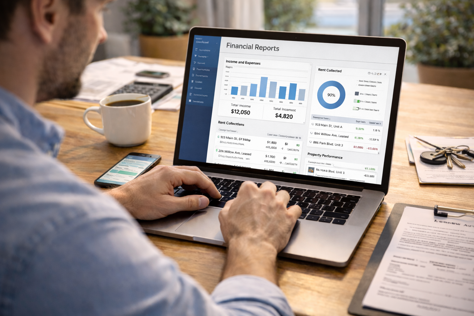 Landlord reviewing rental income, expenses, and financing options