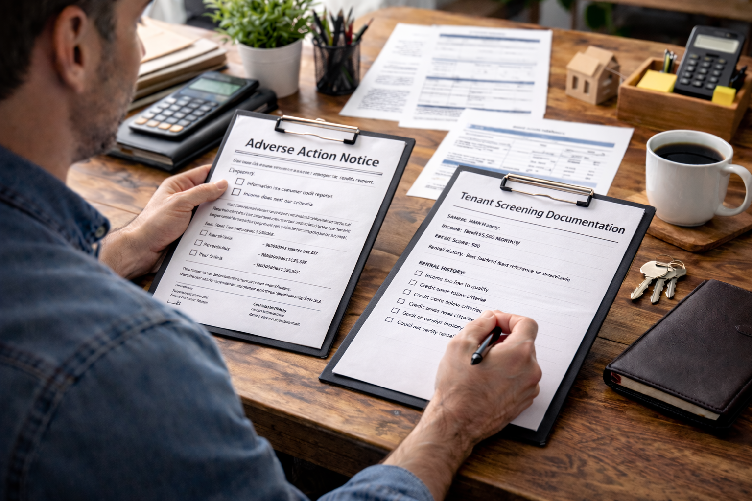 Landlord reviewing adverse action notice and tenant screening documentation
