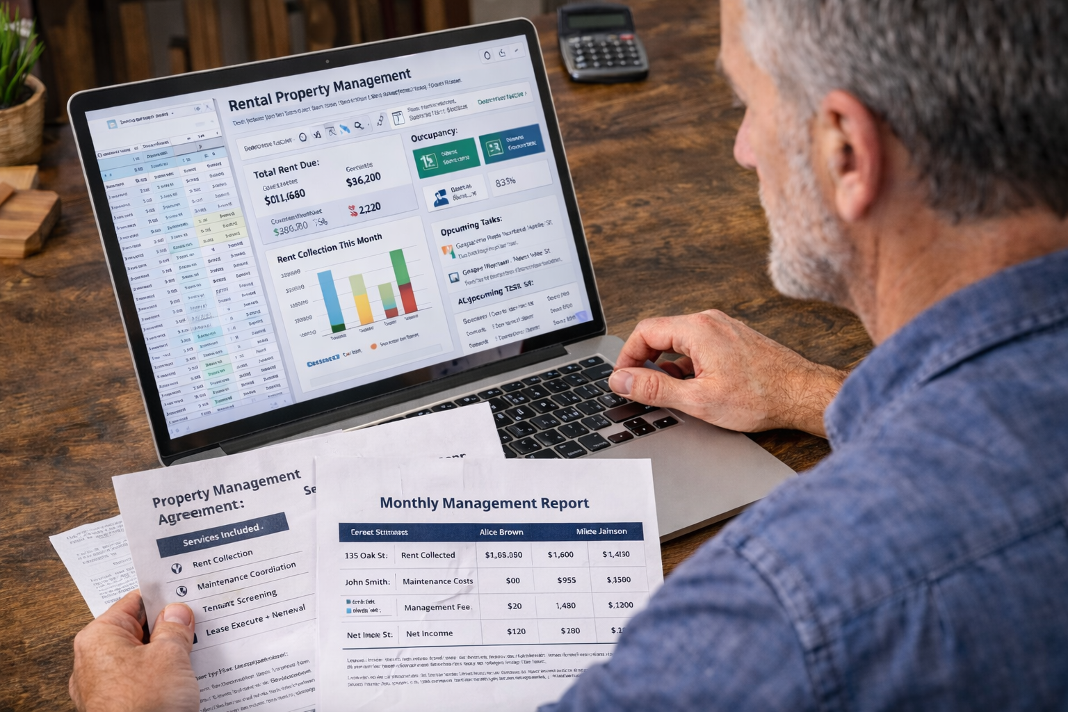 Landlord comparing property management software dashboard on a laptop with paperwork from a professional property manager