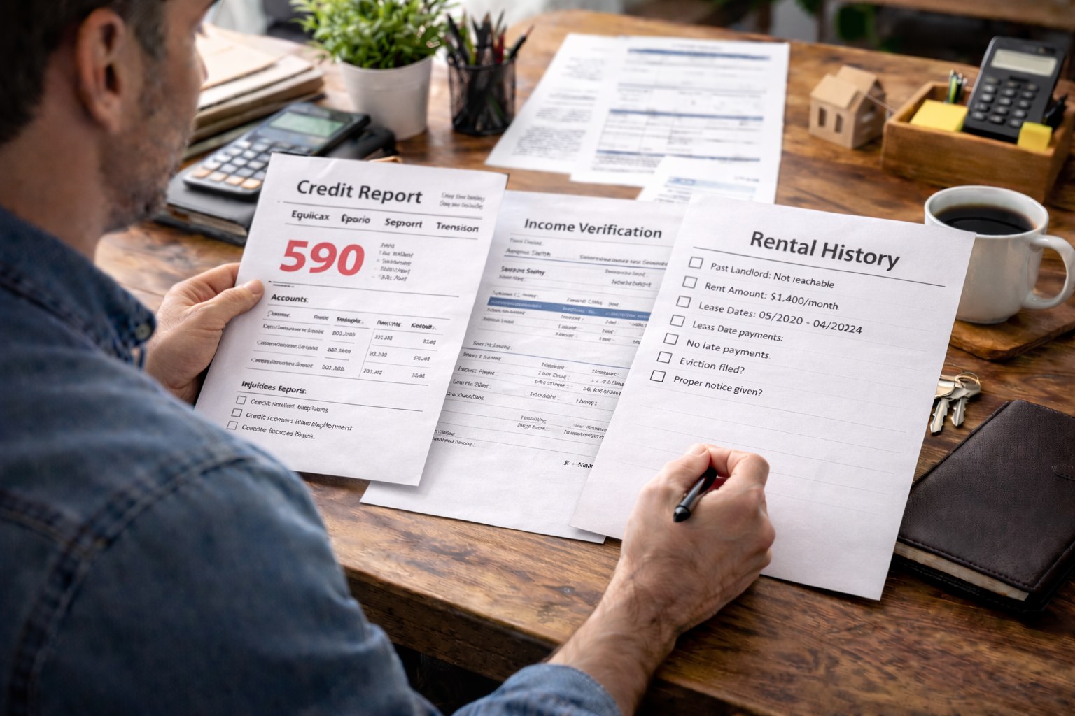 Landlord comparing credit report, income documents, and rental history during tenant screening