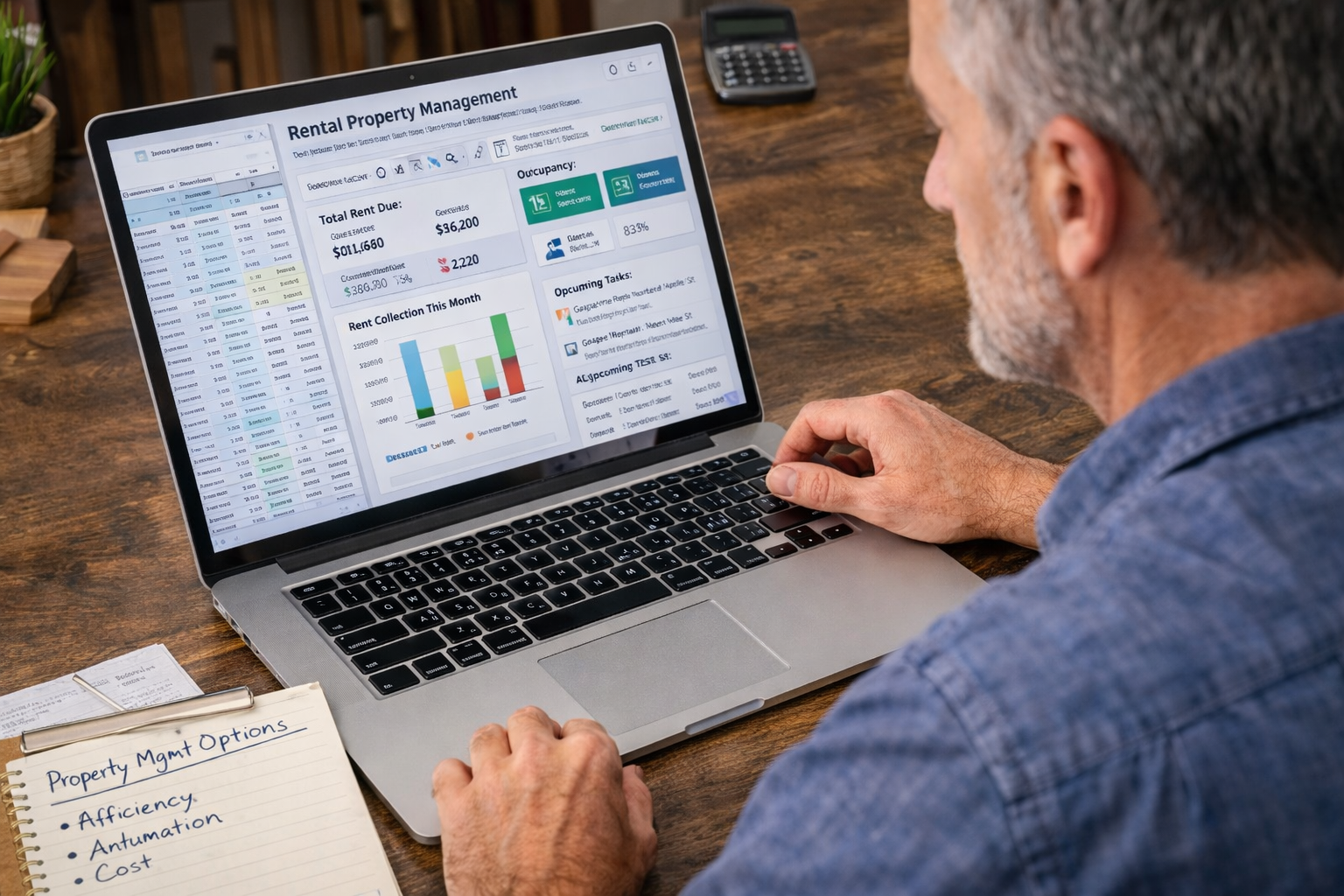 Landlord reviewing spreadsheets and rental software dashboard on a laptop while evaluating property management systems