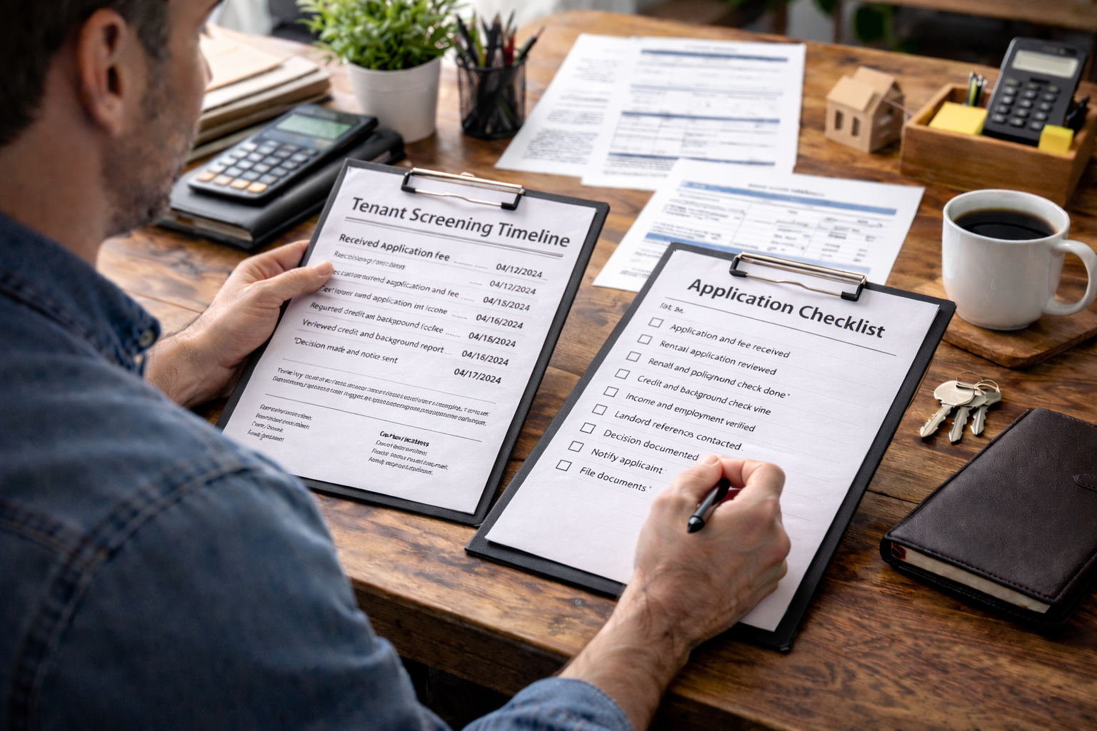 Landlord reviewing tenant screening timeline and application checklist