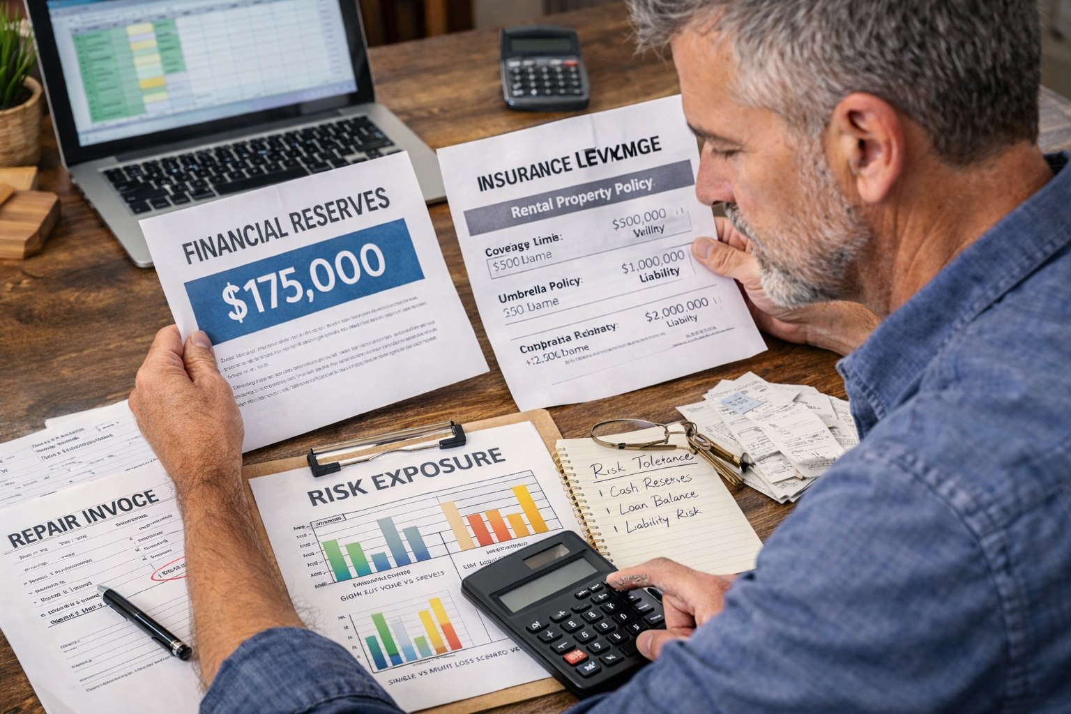Landlord reviewing financial reserves, insurance documents, and risk exposure charts while evaluating rental property risk tolerance
