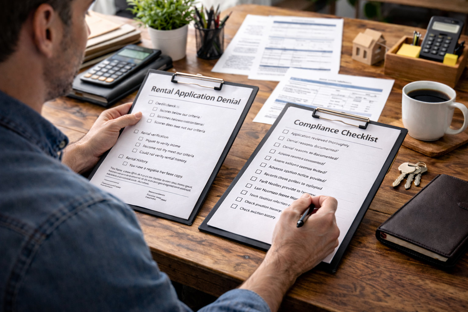 Landlord reviewing rental application denial paperwork and compliance checklist