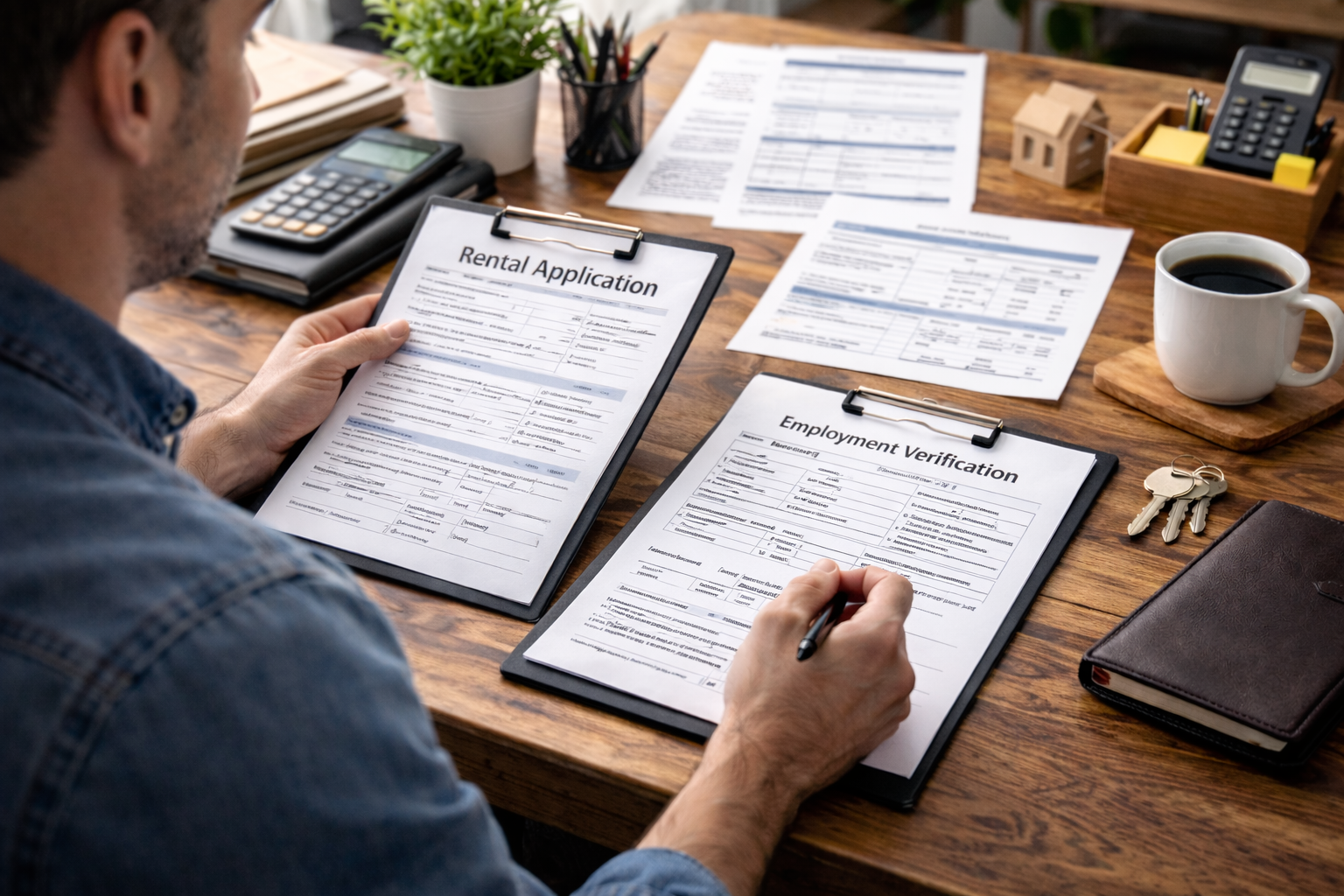 Landlord reviewing tenant application documents for accuracy and verification
