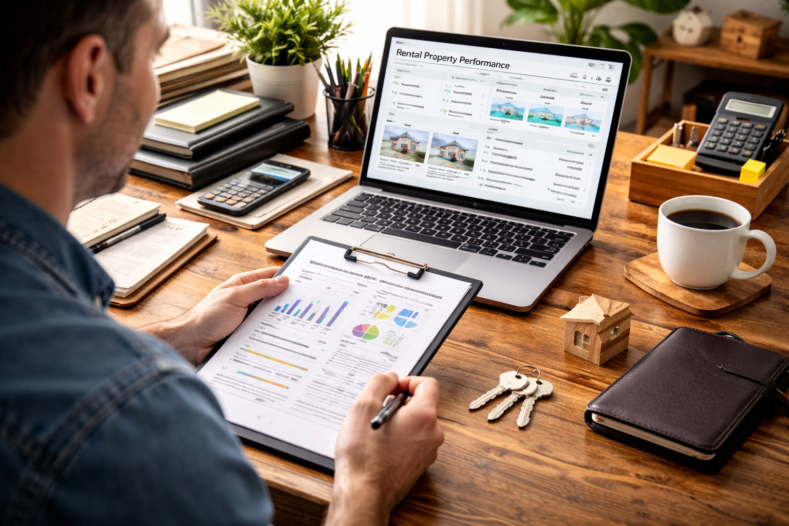 Landlord reviewing rental property performance and next step decisions on a laptop at home