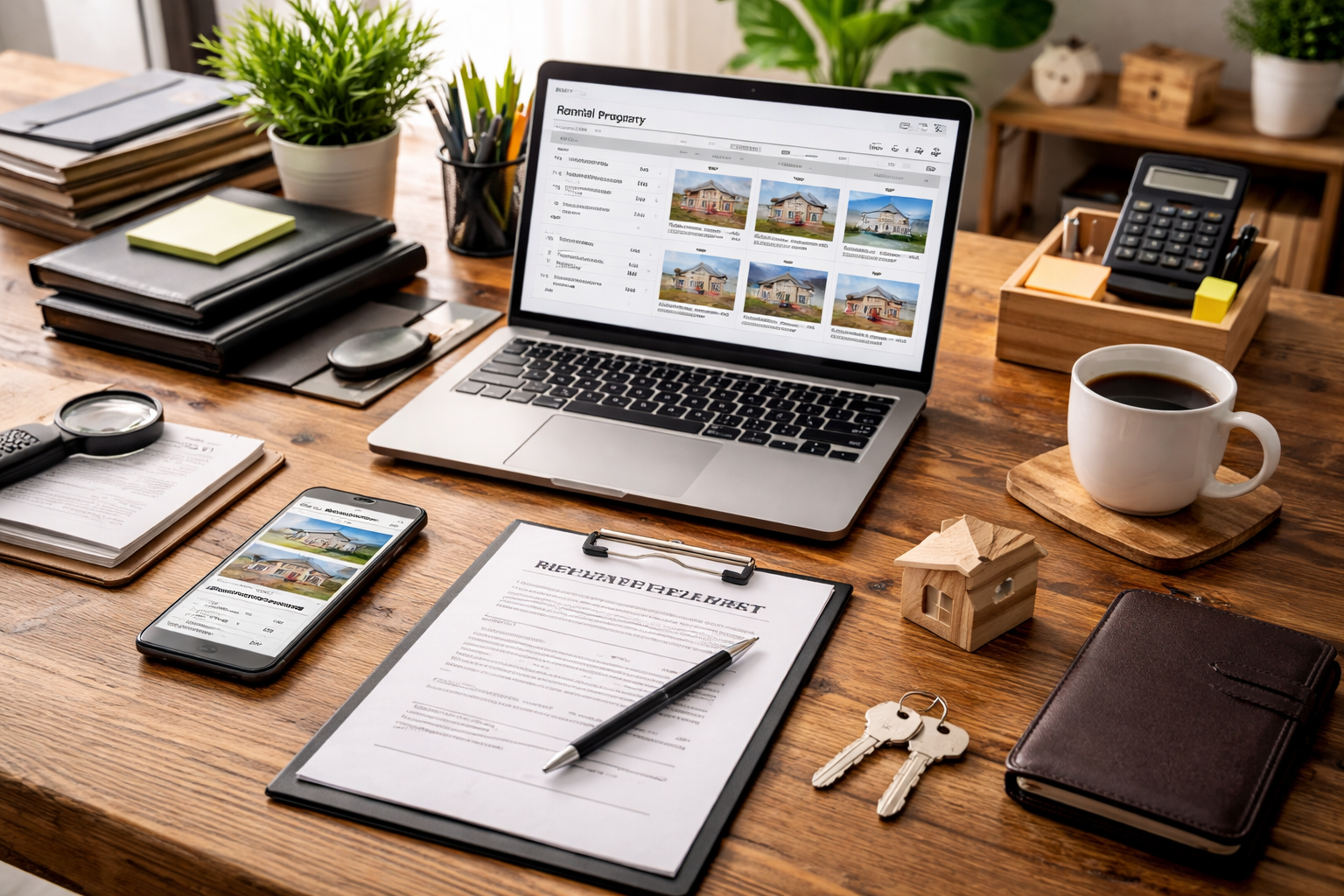Landlord reviewing rental property decisions with notes and laptop