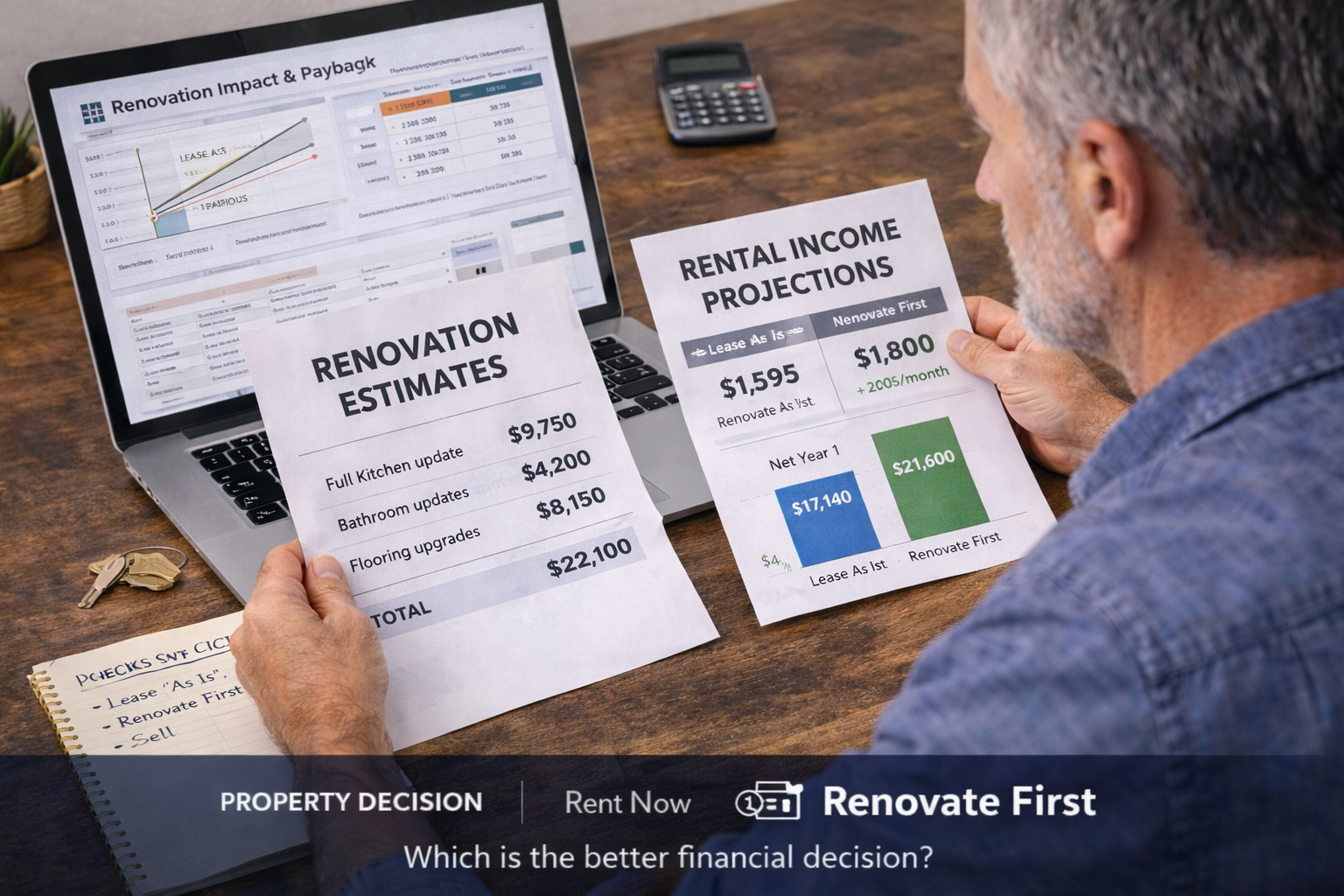 Landlord reviewing renovation estimates and rental income projections while deciding whether to lease as is or renovate before renting