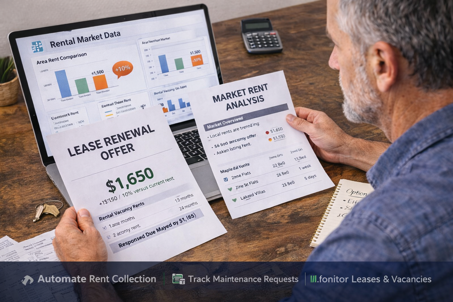 Landlord reviewing lease renewal terms and market rent data while deciding between raising rent or re leasing a rental property