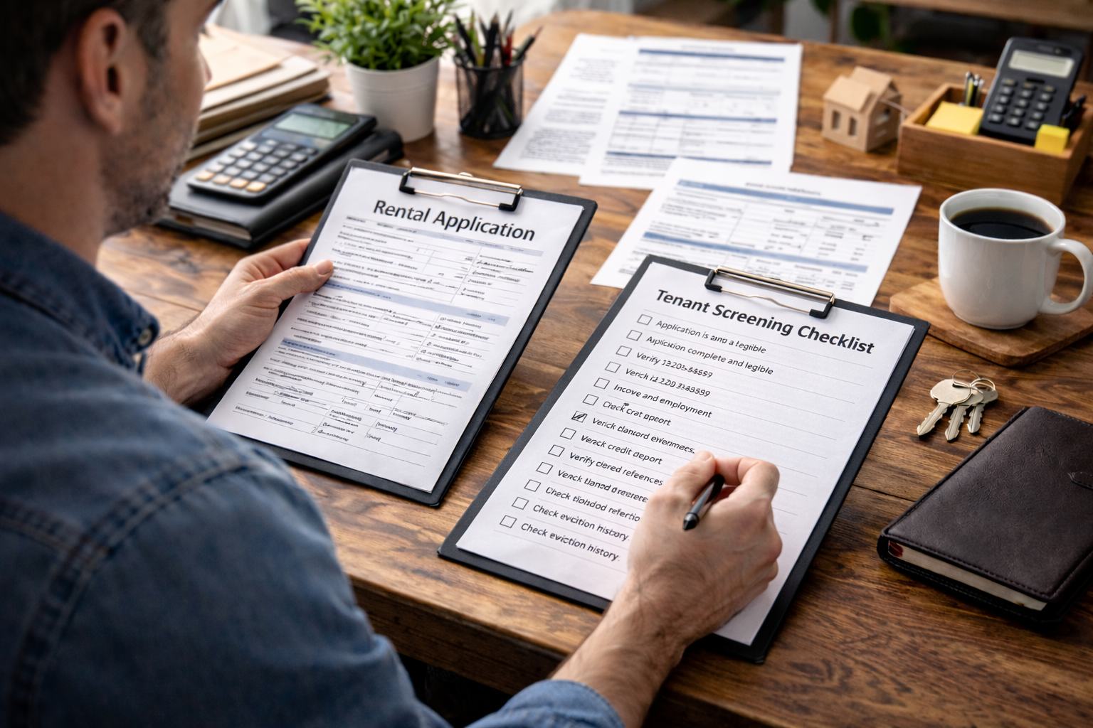 Landlord reviewing a rental application and screening checklist