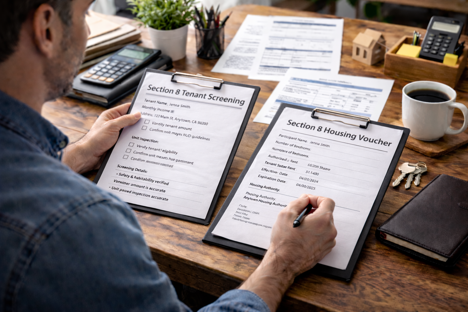 Landlord reviewing Section 8 tenant screening paperwork and housing voucher documentation