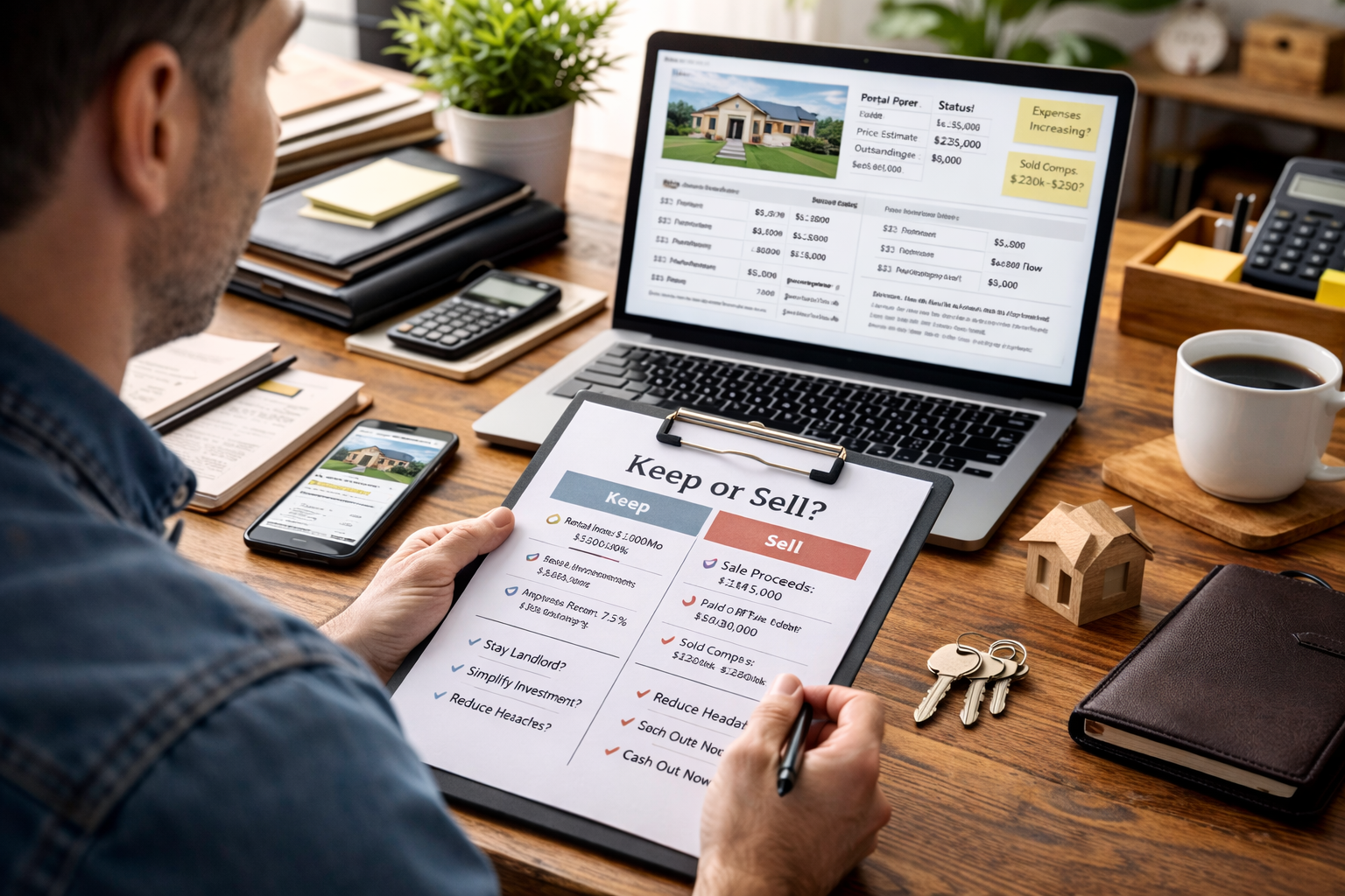 Landlord weighing whether to sell or keep a rental property while reviewing notes and property details