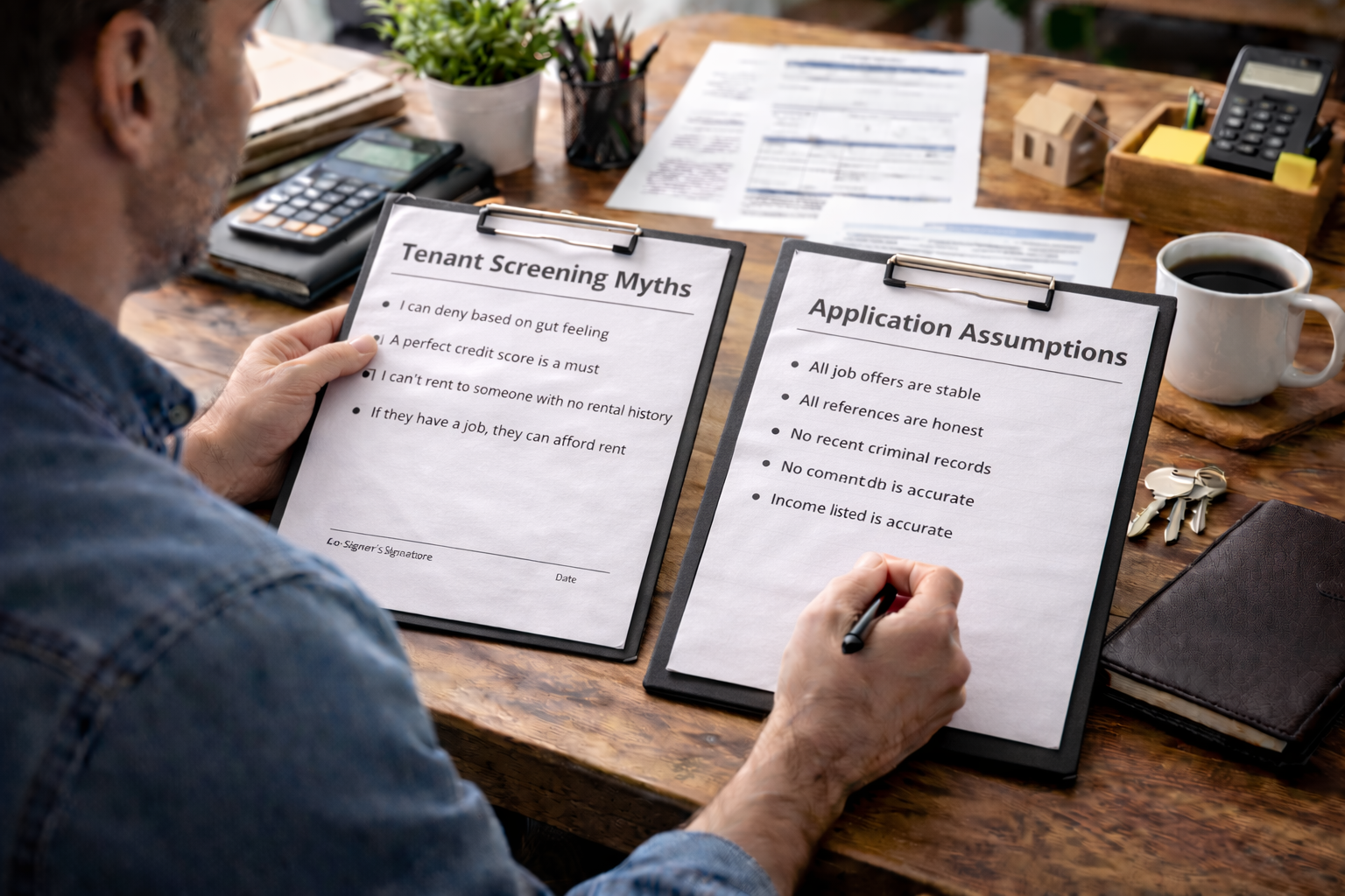 Landlord reviewing tenant screening myths and application assumptions