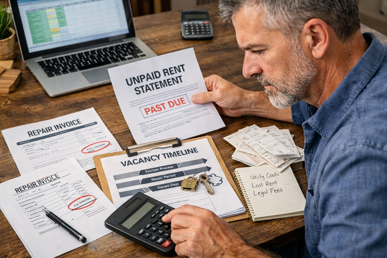 Landlord reviewing unpaid rent statements, repair invoices, and vacancy timeline to calculate the real cost of a bad tenant