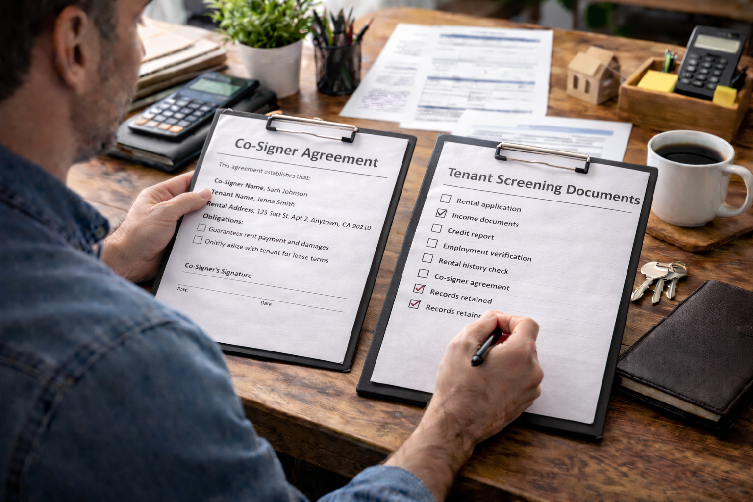 Landlord reviewing co signer agreement and tenant screening documents