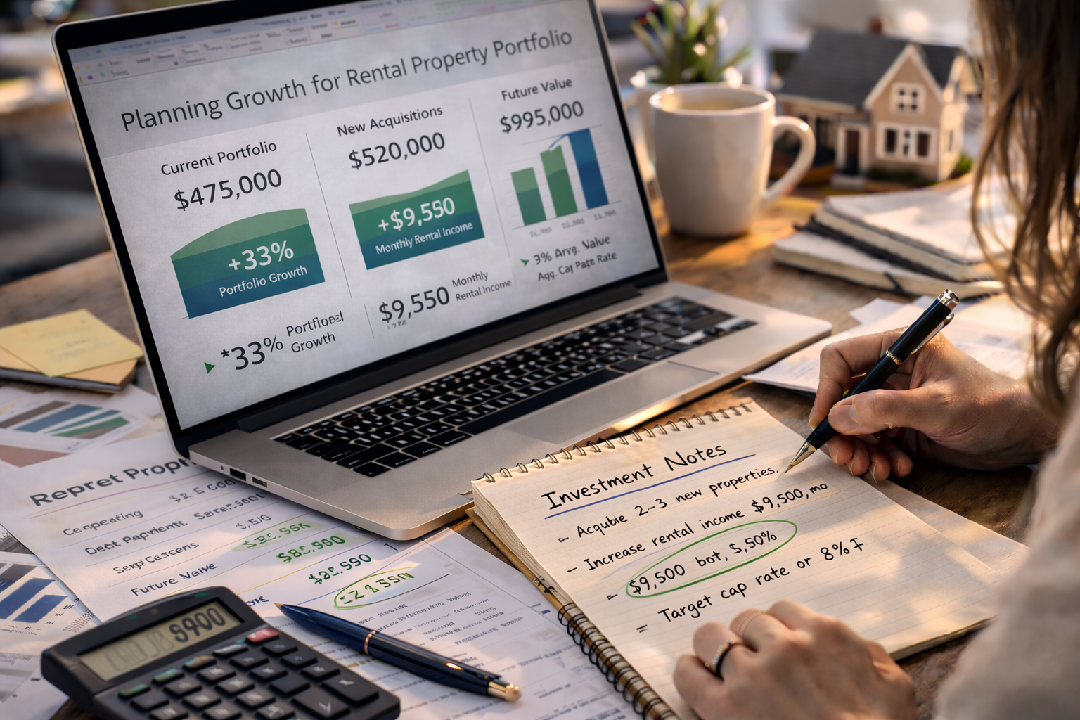 real estate investor planning rental property portfolio growth using financial charts laptop and property investment notes