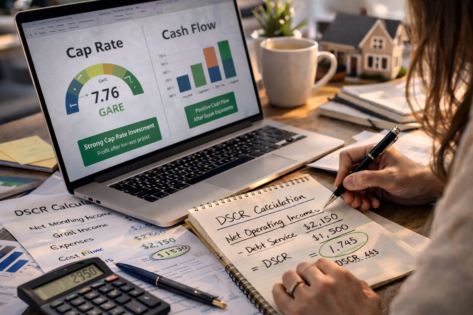 real estate investor comparing cap rate and rental property cash flow using financial charts calculator and investment analysis on laptop