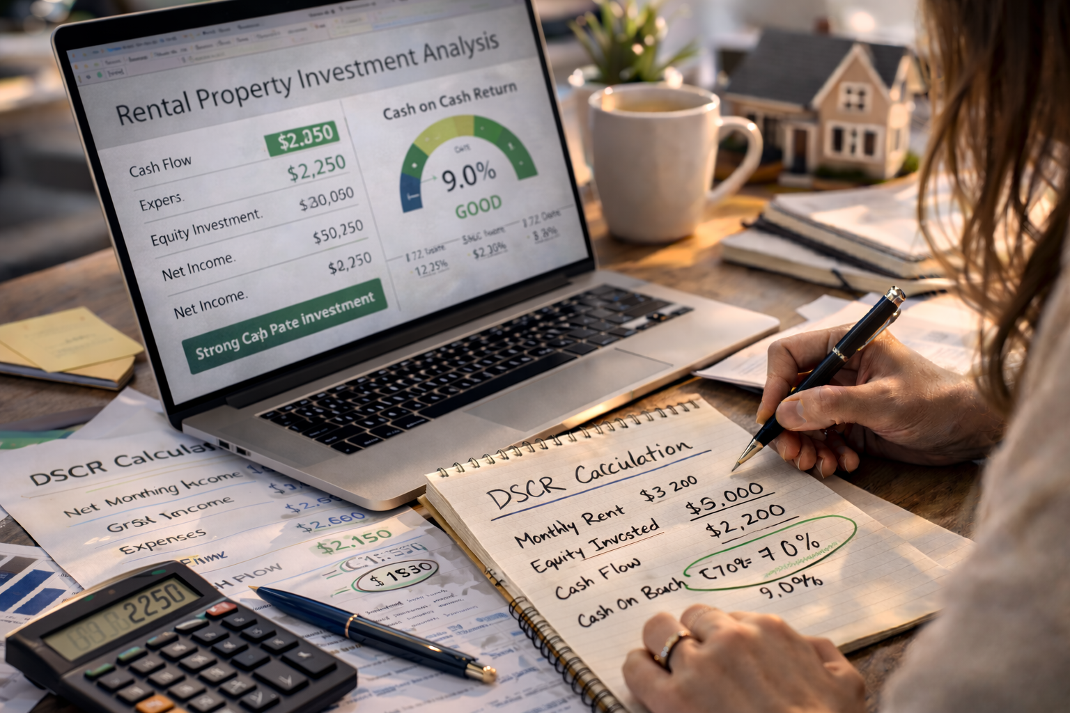 real estate investor calculating cash on cash return for a rental property using financial spreadsheets calculator and investment analysis