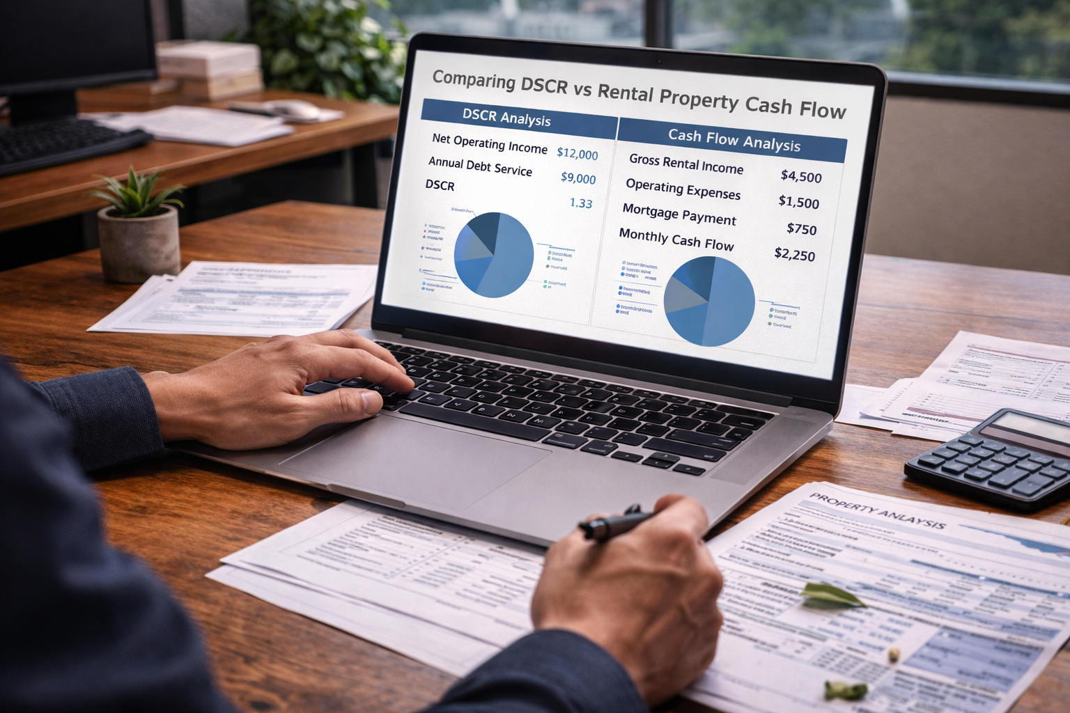 Real estate investor comparing DSCR and rental property cash flow on a laptop with property analysis documents