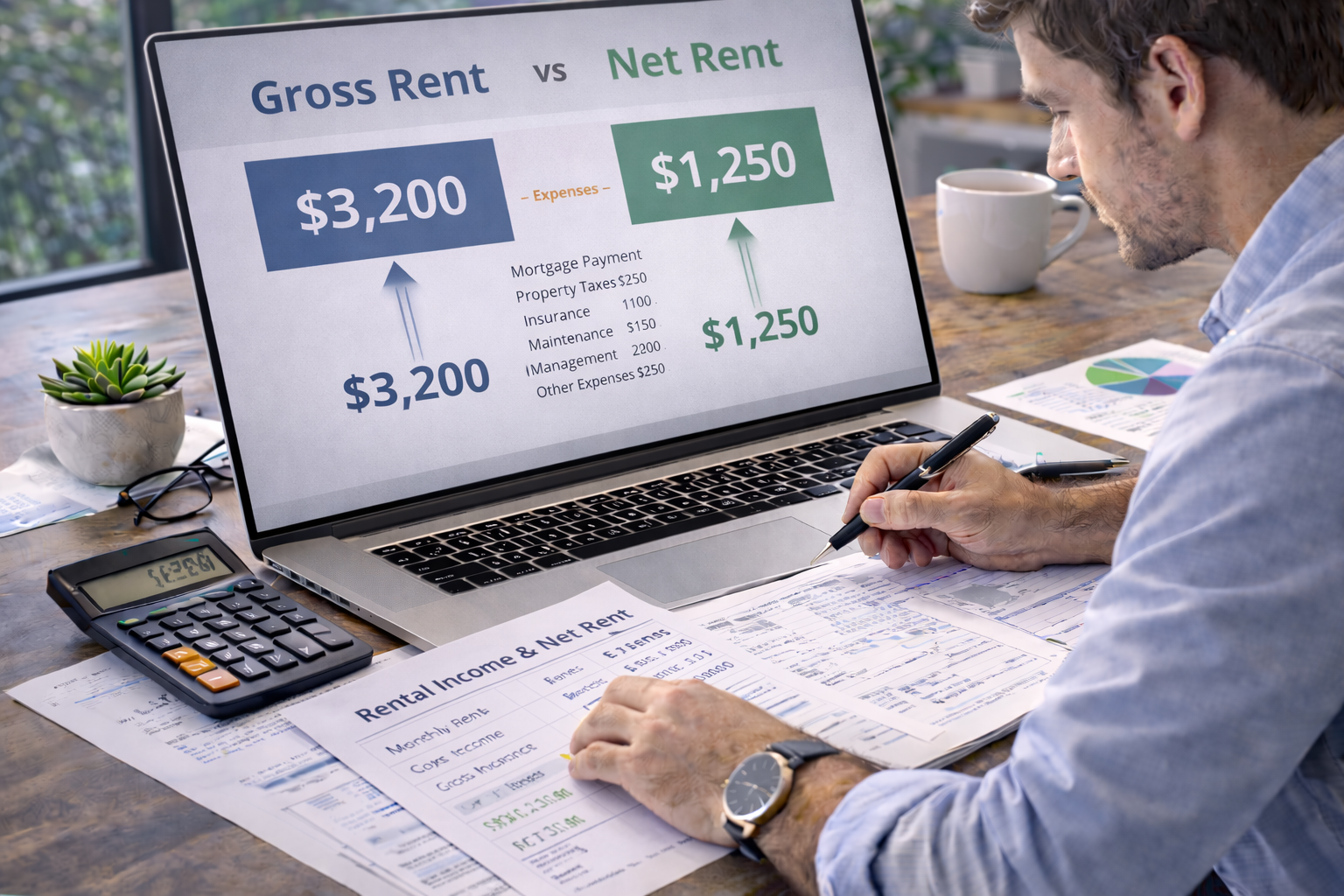 landlord comparing gross rent and net rent for a rental property using a laptop, calculator, and financial notes on a desk