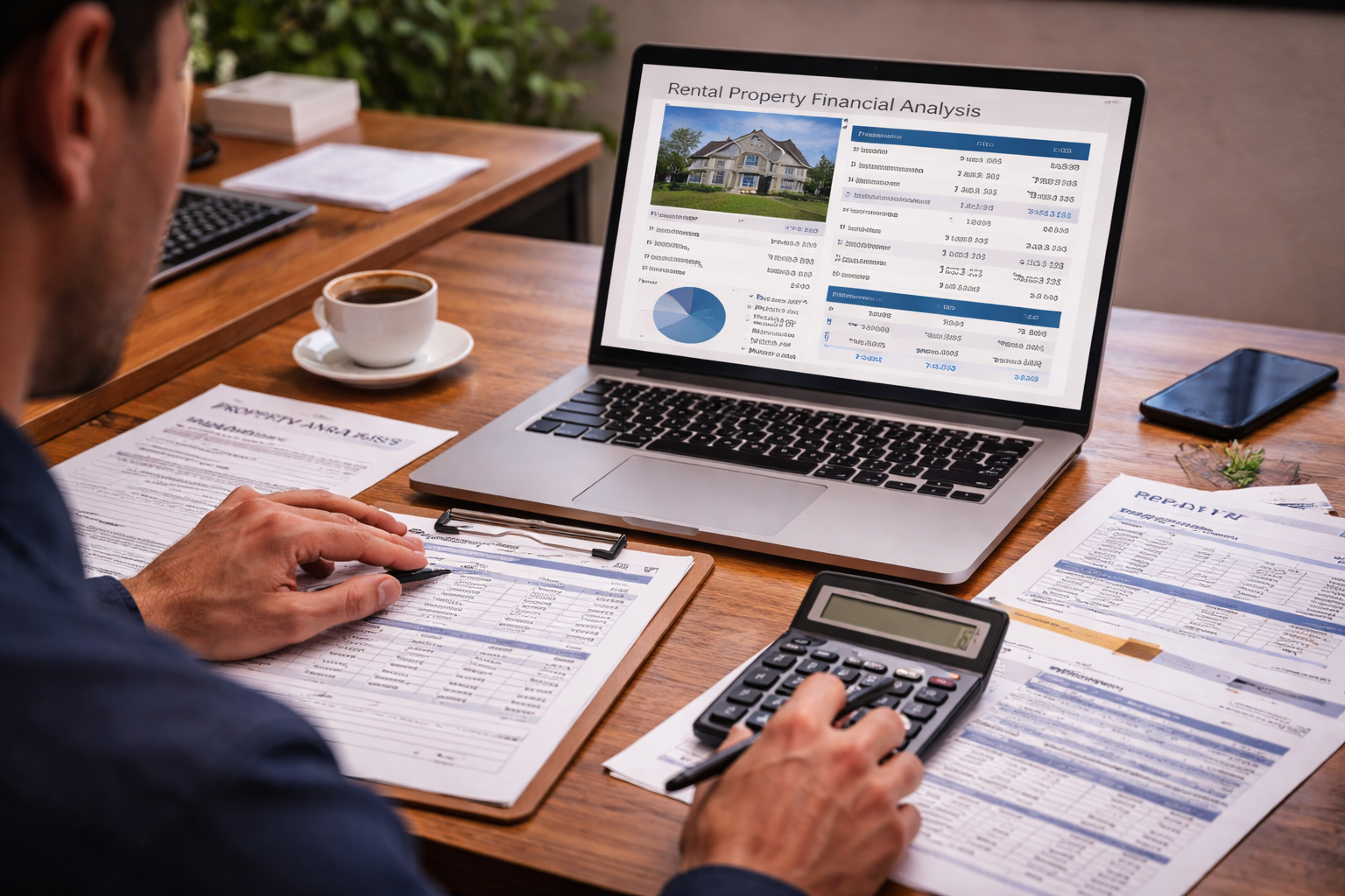 Real estate investor analyzing rental property deal using financial reports laptop calculator and investment documents