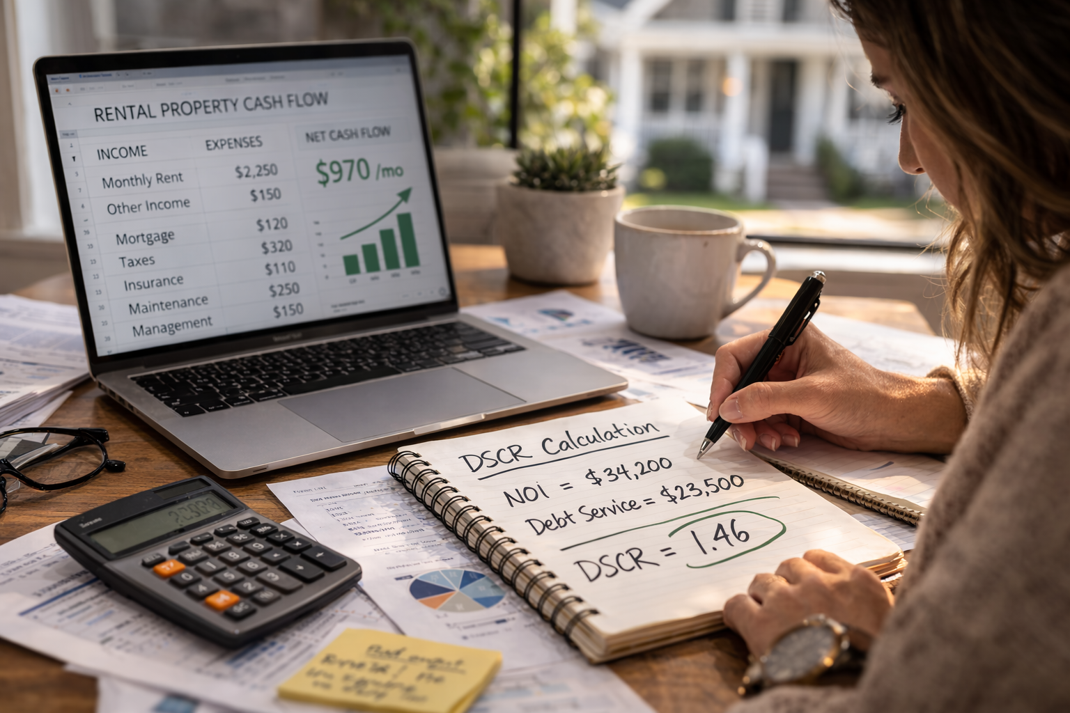 real estate investor calculating DSCR for a rental property using laptop calculator and financial notes