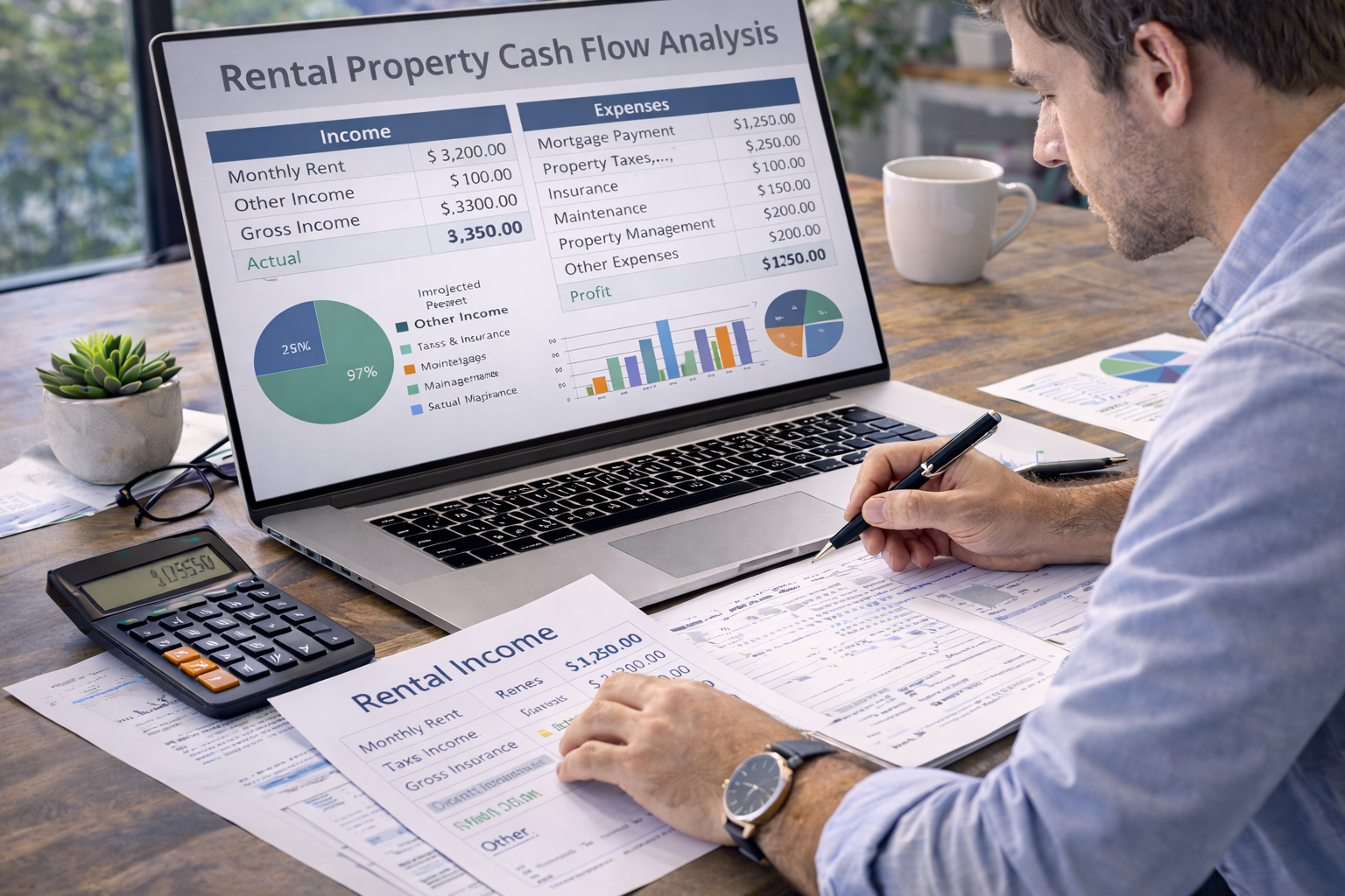 real estate investor calculating rental property cash flow with calculator, laptop, and rental income documents on a desk