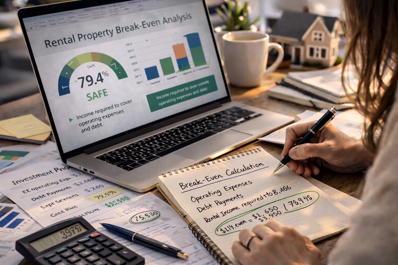 real estate investor performing rental property break even analysis using financial spreadsheets calculator and investment planning charts