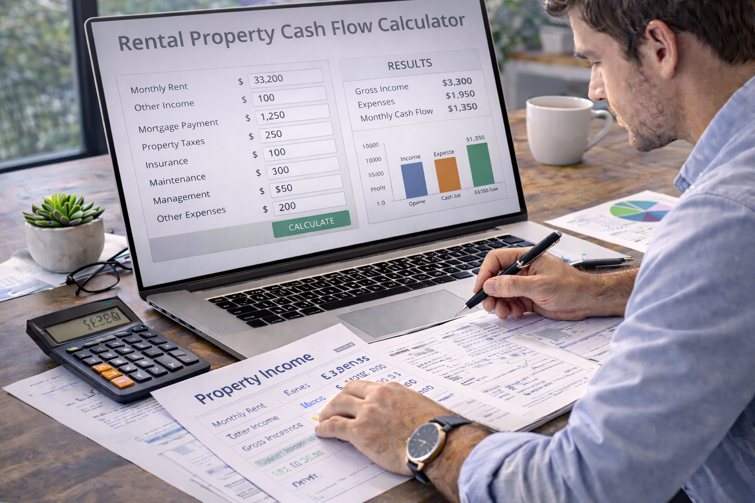 landlord using a rental property cash flow calculator with laptop, calculator, and property income notes on desk