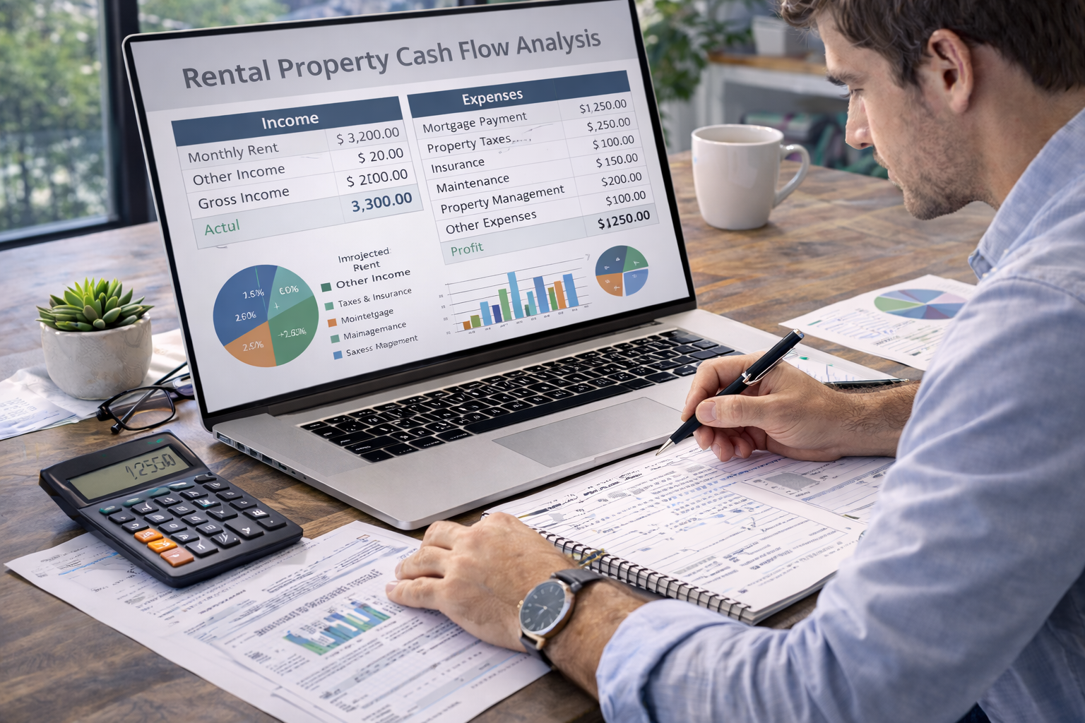 real estate investor analyzing rental property cash flow numbers with calculator, laptop, and financial documents on desk