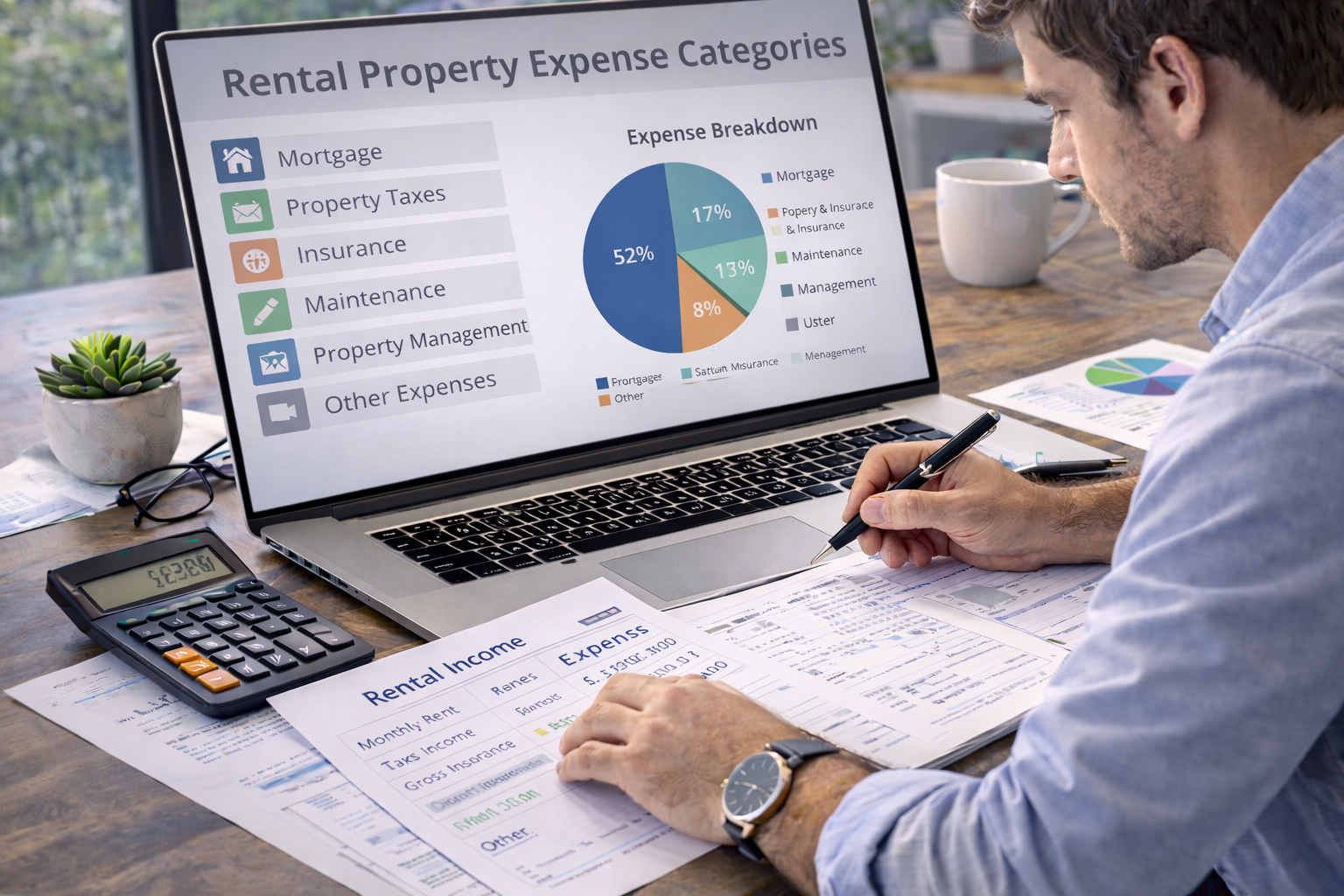 landlord reviewing rental property expense categories with calculator, laptop, and financial documents on a desk