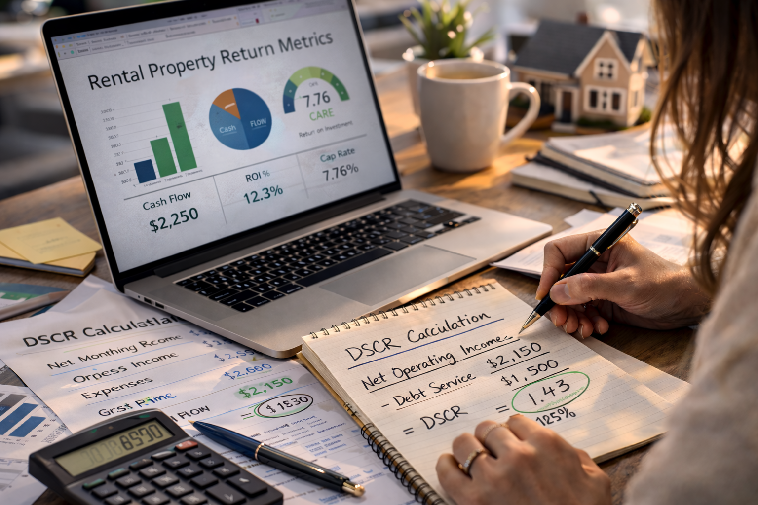 real estate investor analyzing rental property return metrics on laptop with charts calculator and investment documents