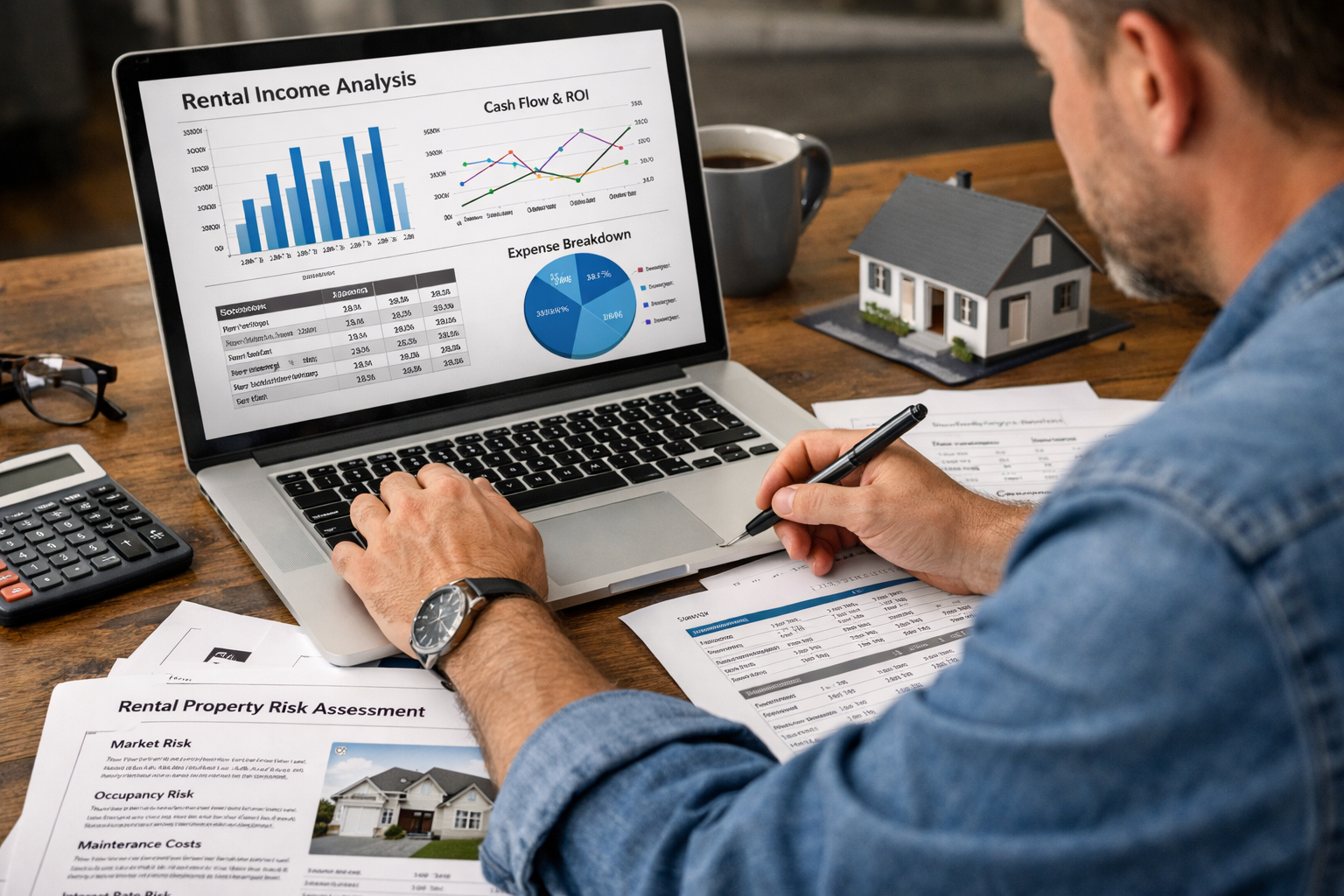 real estate investor analyzing rental property investment risks using financial charts laptop and property analysis documents