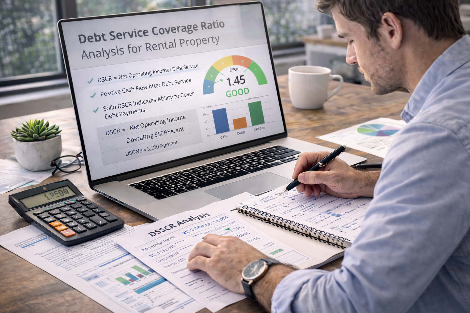 real estate investor reviewing debt service coverage ratio analysis for a rental property with laptop, calculator, and financial documents