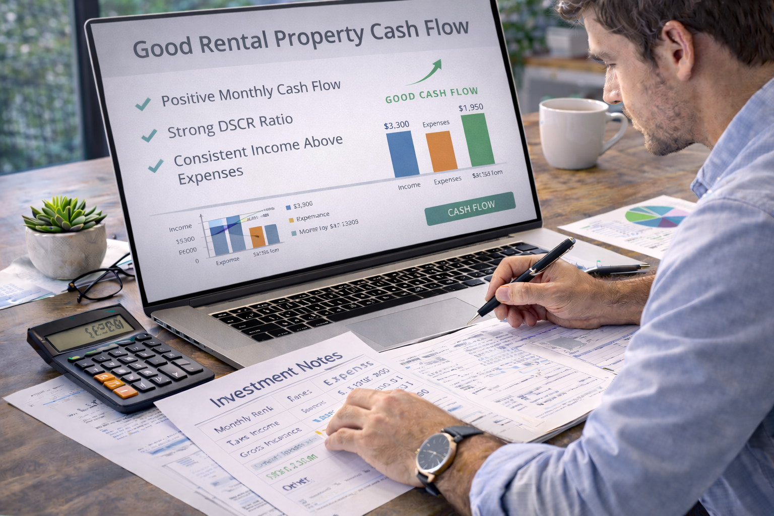 real estate investor evaluating good rental property cash flow with calculator, laptop, and investment notes on a desk