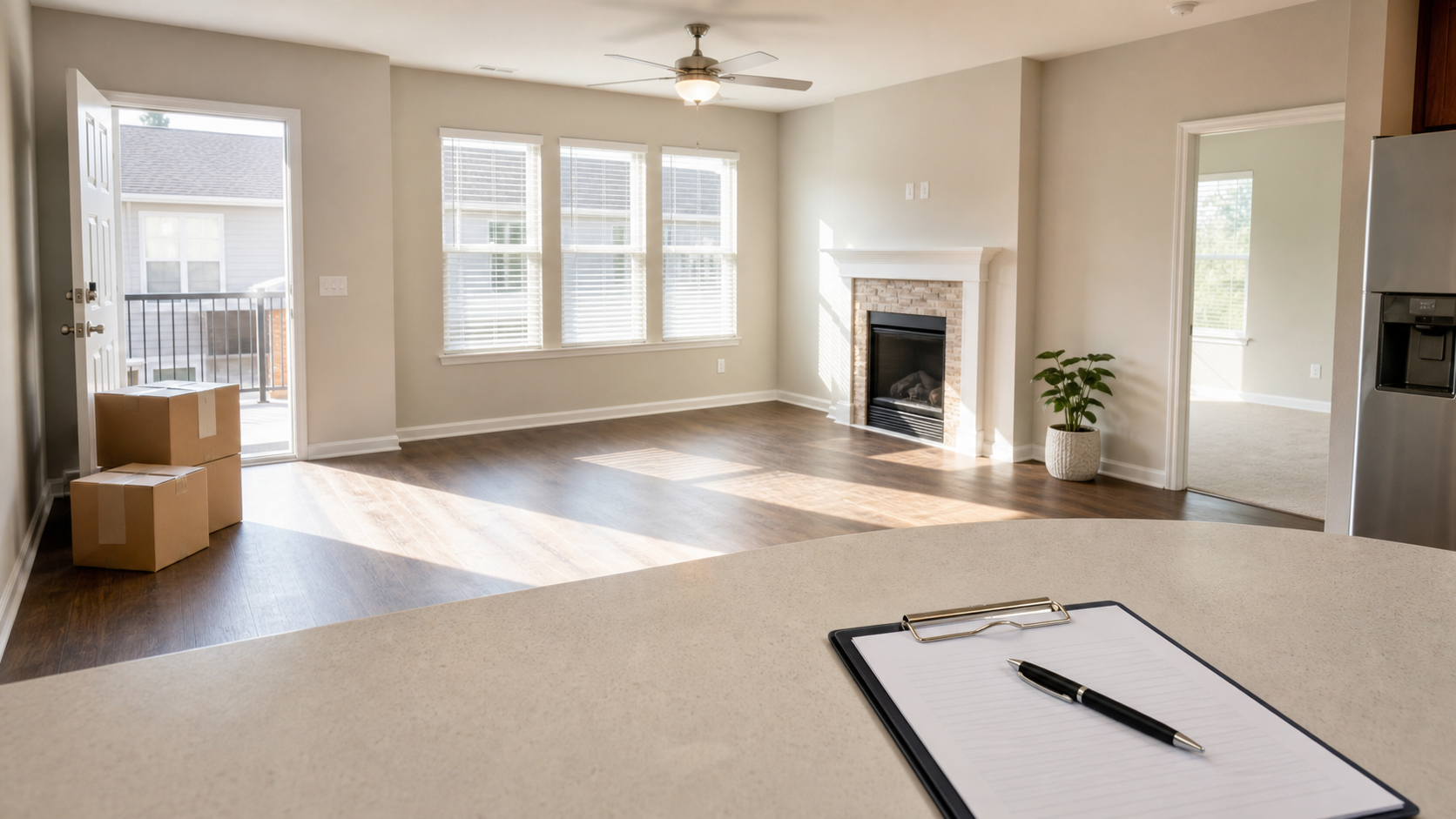 A vacant rental living room with sunlight, representing leasing and tenant screening