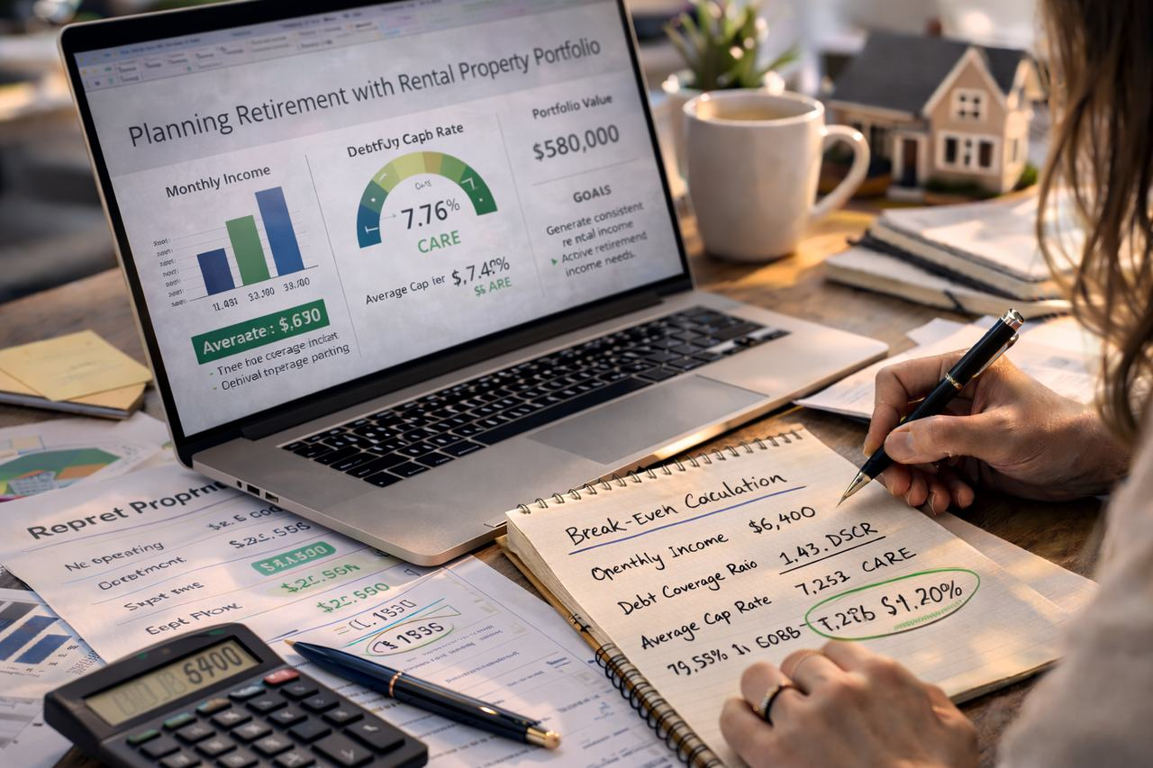 real estate investor planning retirement with rental property portfolio analysis on laptop financial charts and calculator