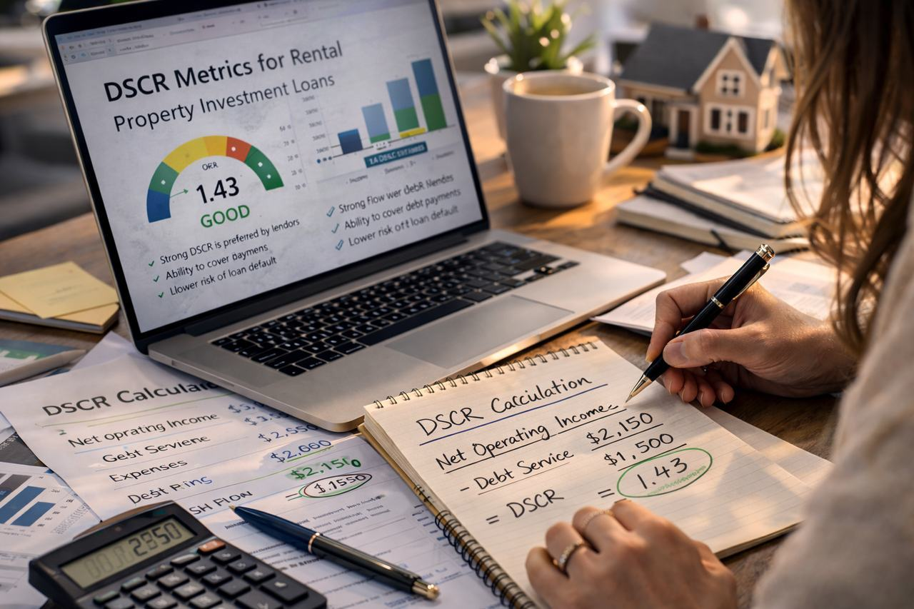 real estate lender analyzing DSCR metrics for rental property investment loans using financial charts laptop and calculator