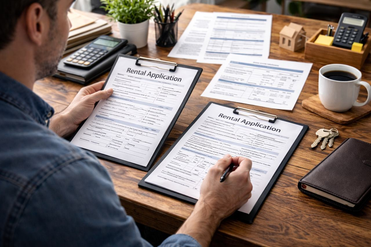 Landlord reviewing tenant application documents and income verification paperwork