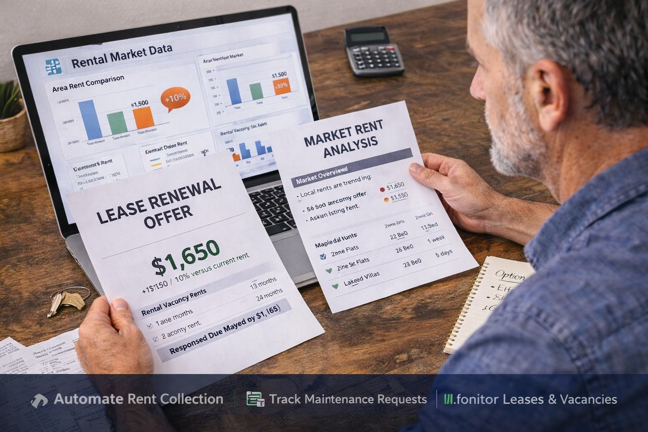Landlord reviewing lease renewal terms and market rent data while deciding between raising rent or re leasing a rental property