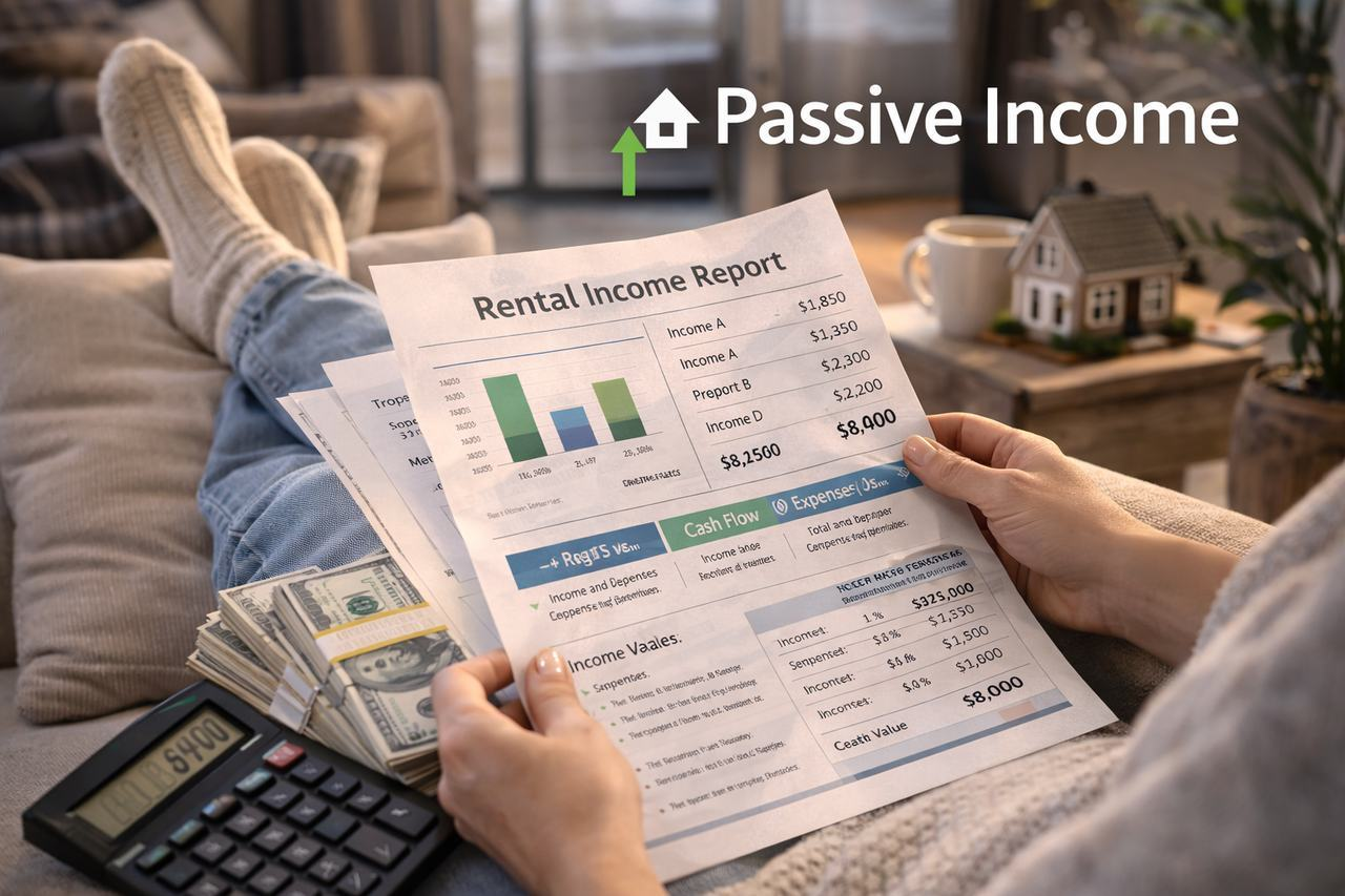 real estate investor reviewing rental income reports while relaxing at home symbolizing passive income from rental properties