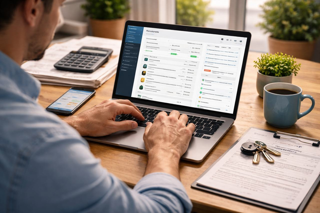 Landlord using property management software to track rent maintenance and tenants