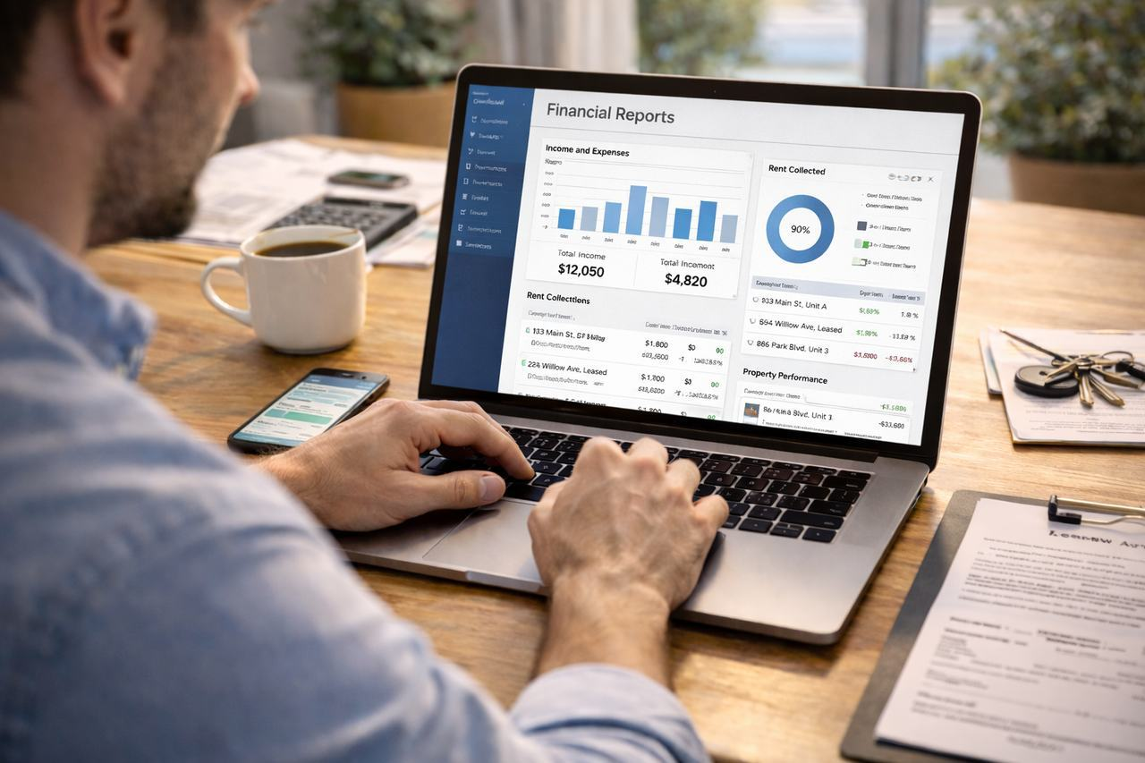 Landlord reviewing rental income, expenses, and financing options