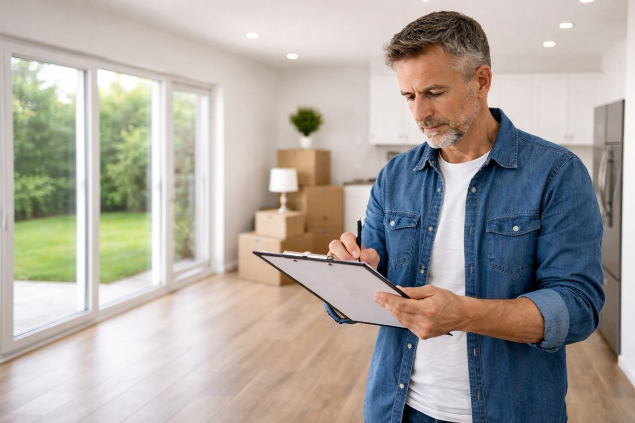 Vacant rental property with landlord reviewing leasing timeline