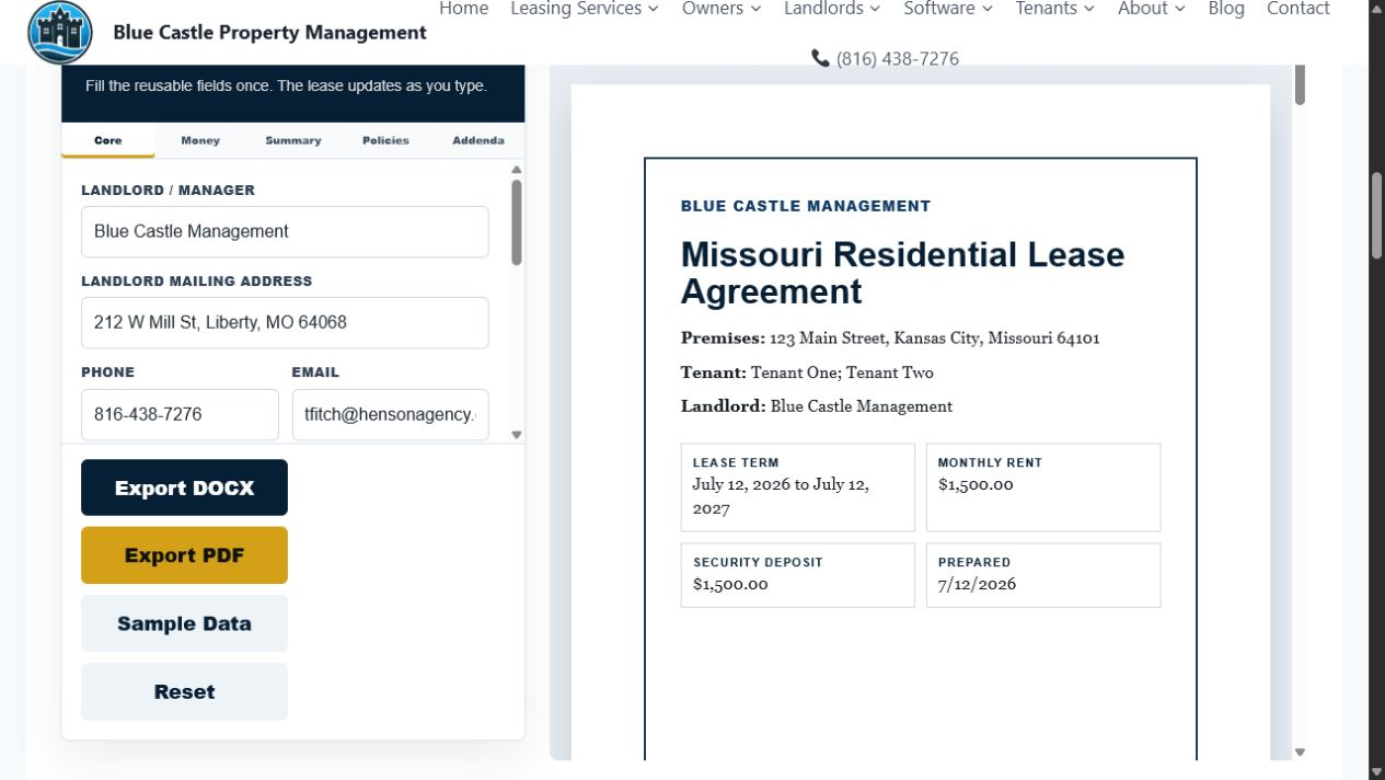 Blue Castle Property Management free Missouri residential lease builder