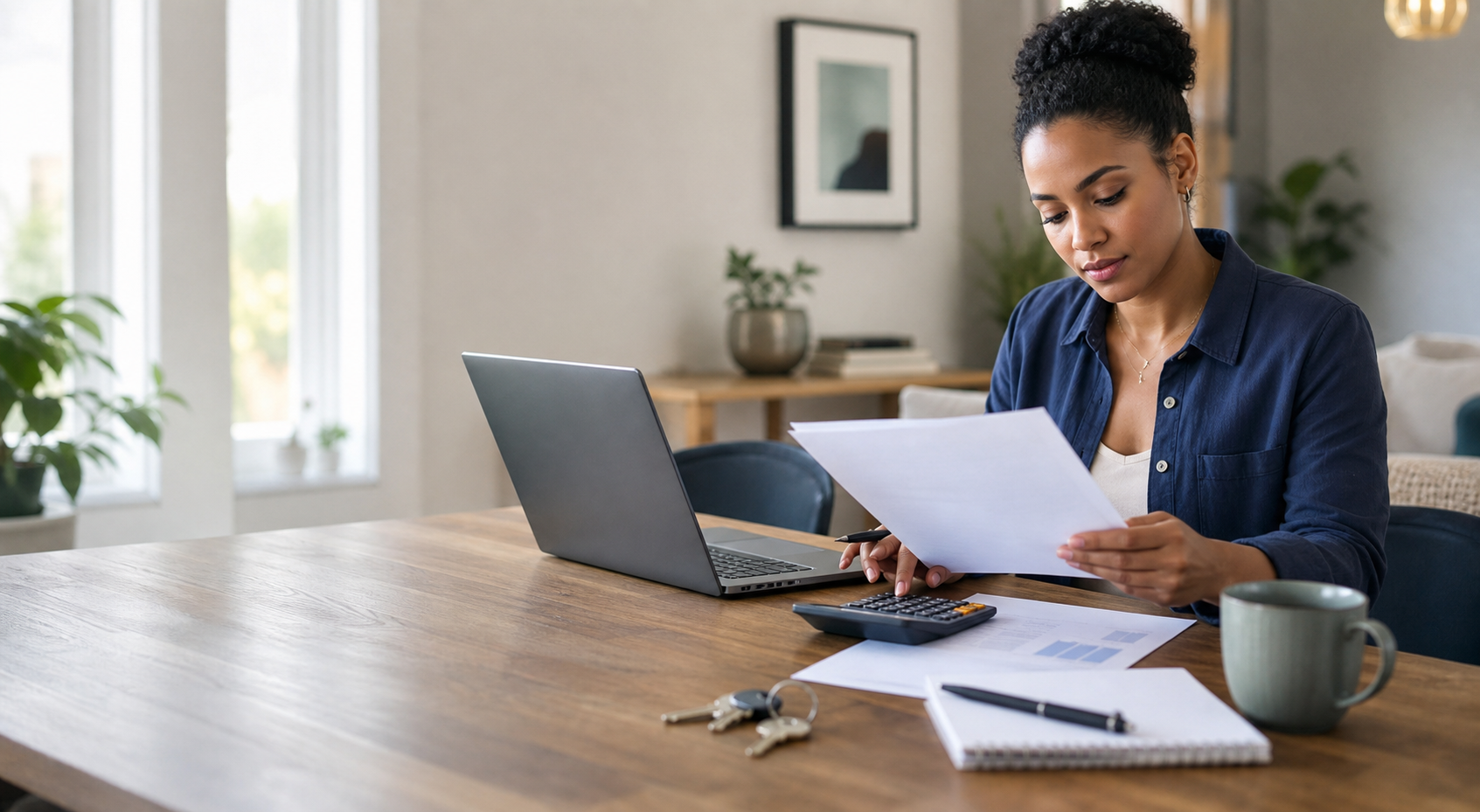 renter reviewing a personal property checklist with apartment belongings visible