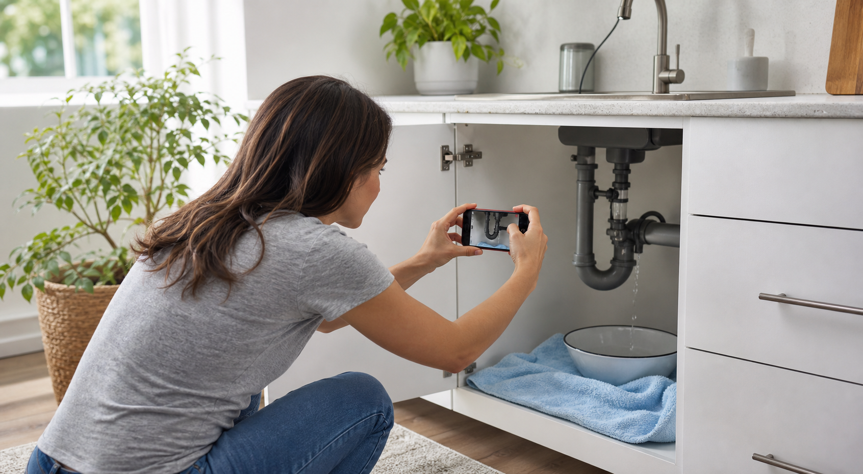 resident taking a clear photo of a home maintenance issue in a clean rental kitchen or utility area