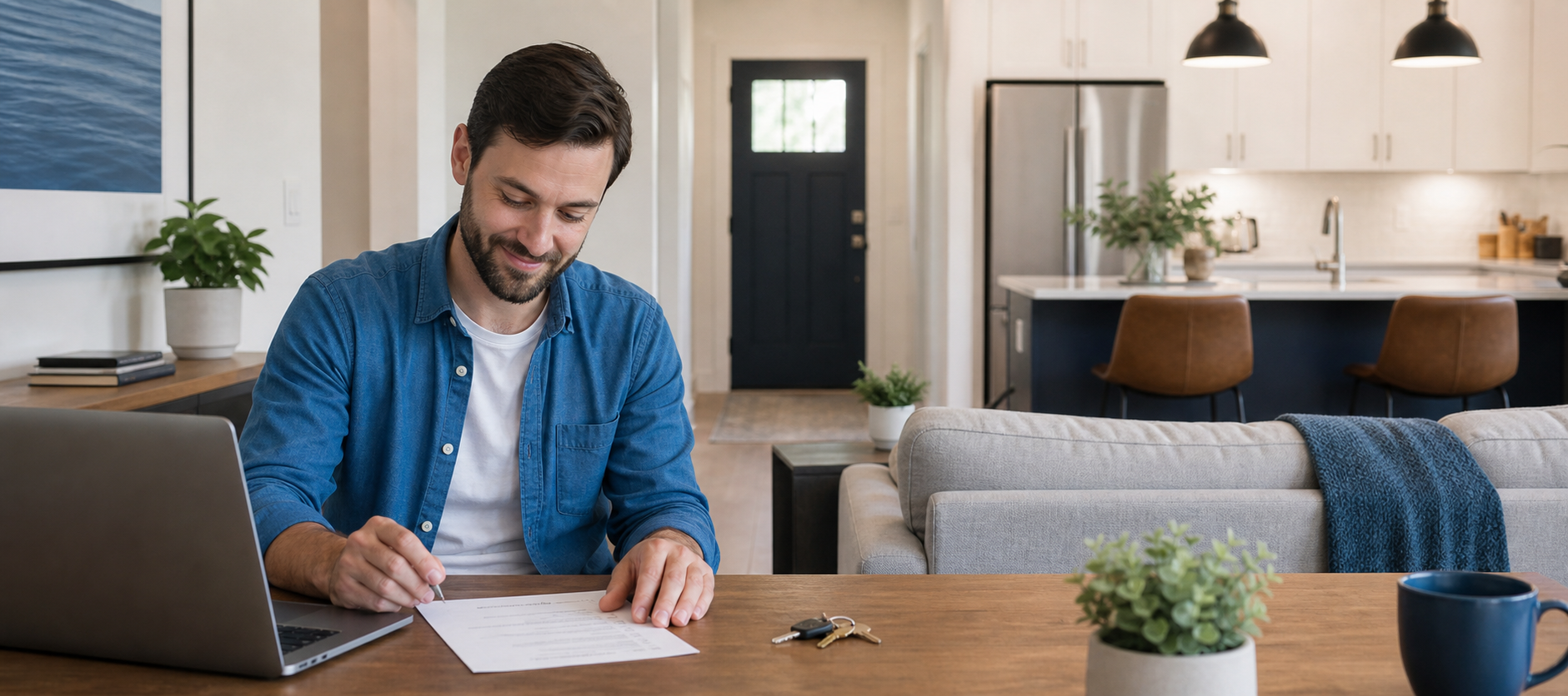 resident using a laptop and checklist in a bright, well-maintained rental home